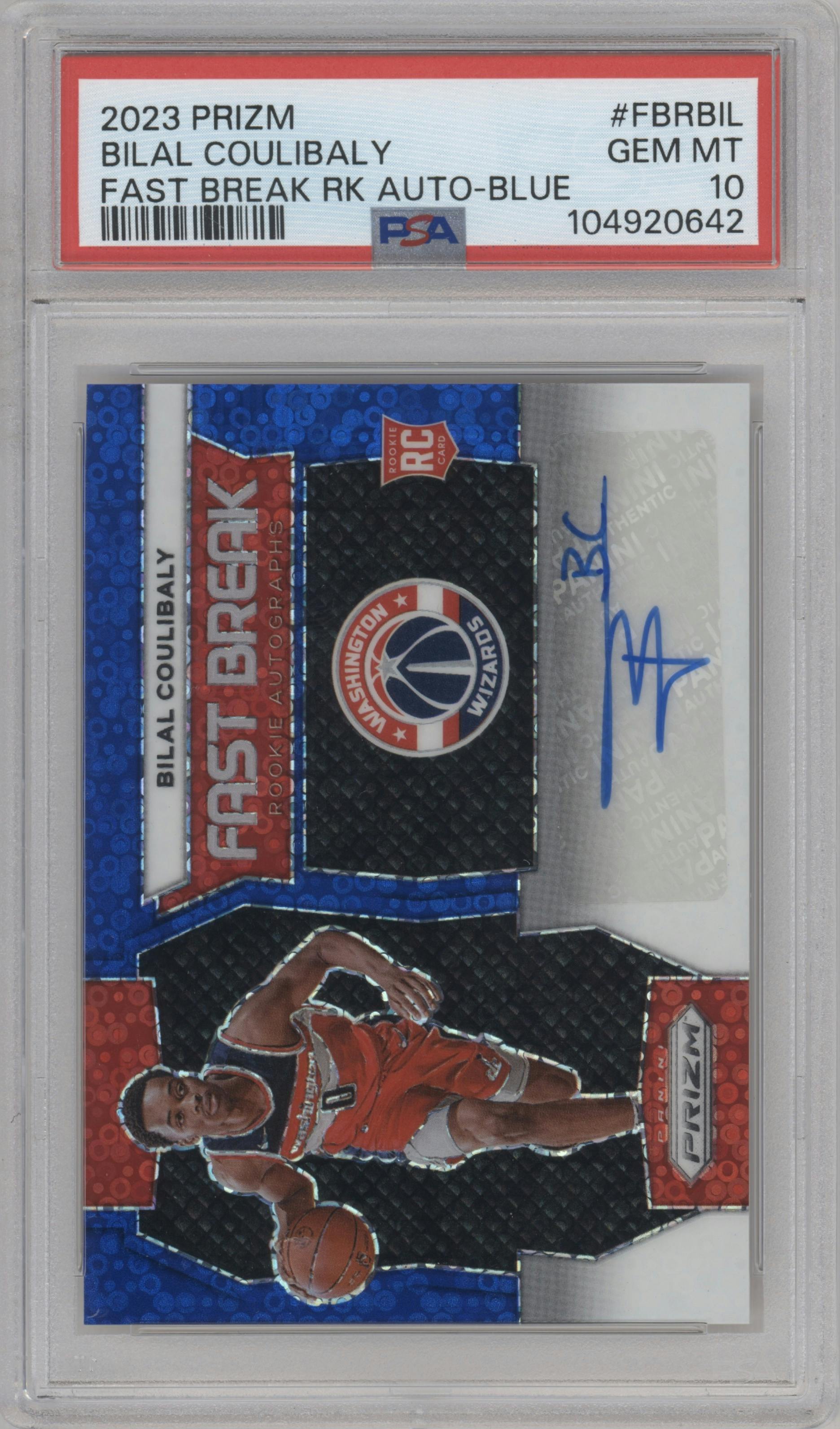Bilal Coulibaly from the 2023-24 Panini Prizm set featuring a Blue parallel graded by PSA and given an overall grade of 10.
