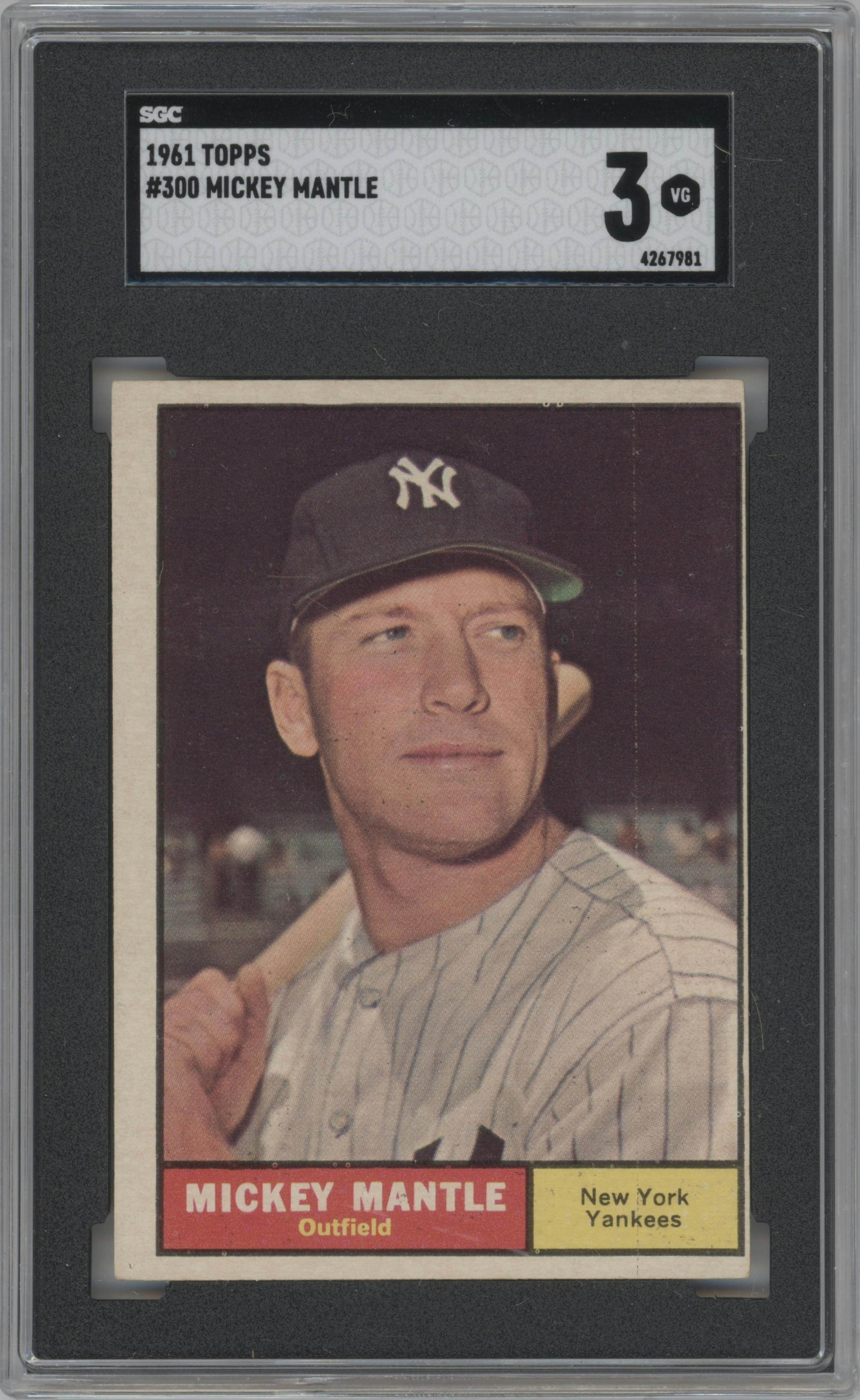 Mickey Mantle from the 1961 Topps set graded by SGC and given an overall grade of 3.