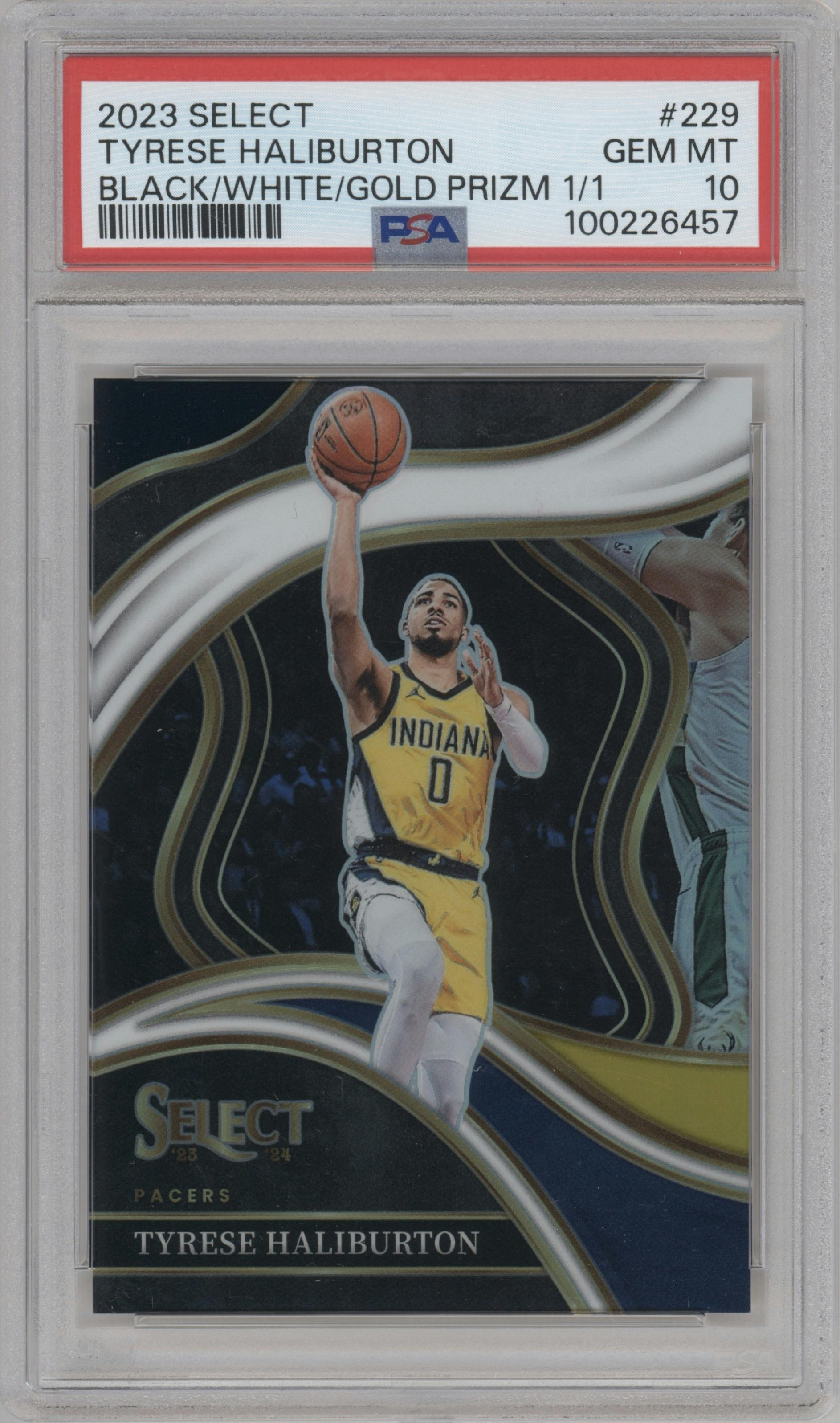 Tyrese Haliburton from the 2023-24 Panini Select  set featuring a Black White Gold Prizm parallel graded by PSA and given an overall grade of 10.