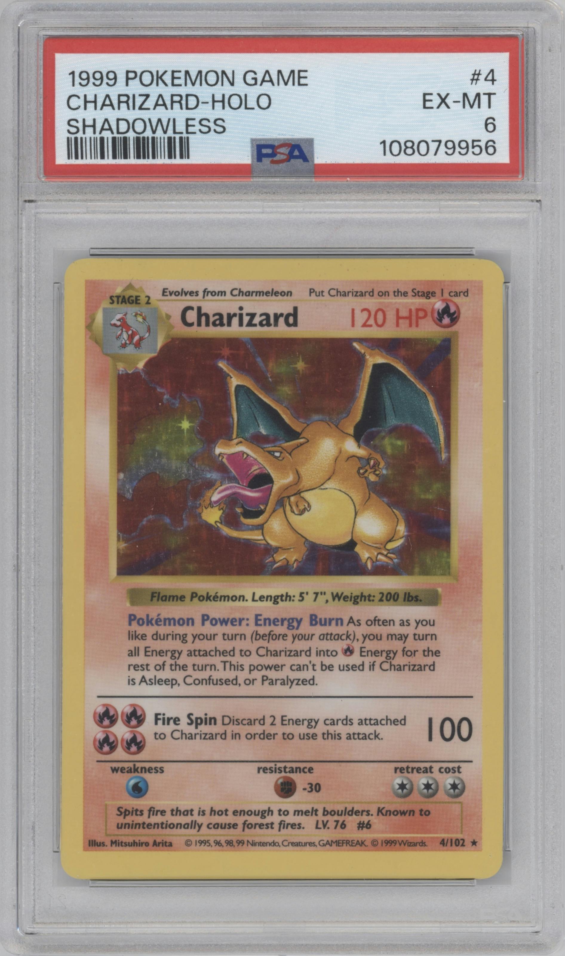 Charizard from the 1999 Pokemon set graded by PSA and given an overall grade of 6.