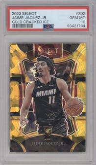Jaime Jaquez Jr. from the 2023-24 Panini Select  set featuring a Gold Cracked Ice parallel graded by PSA and given an overall grade of 10.