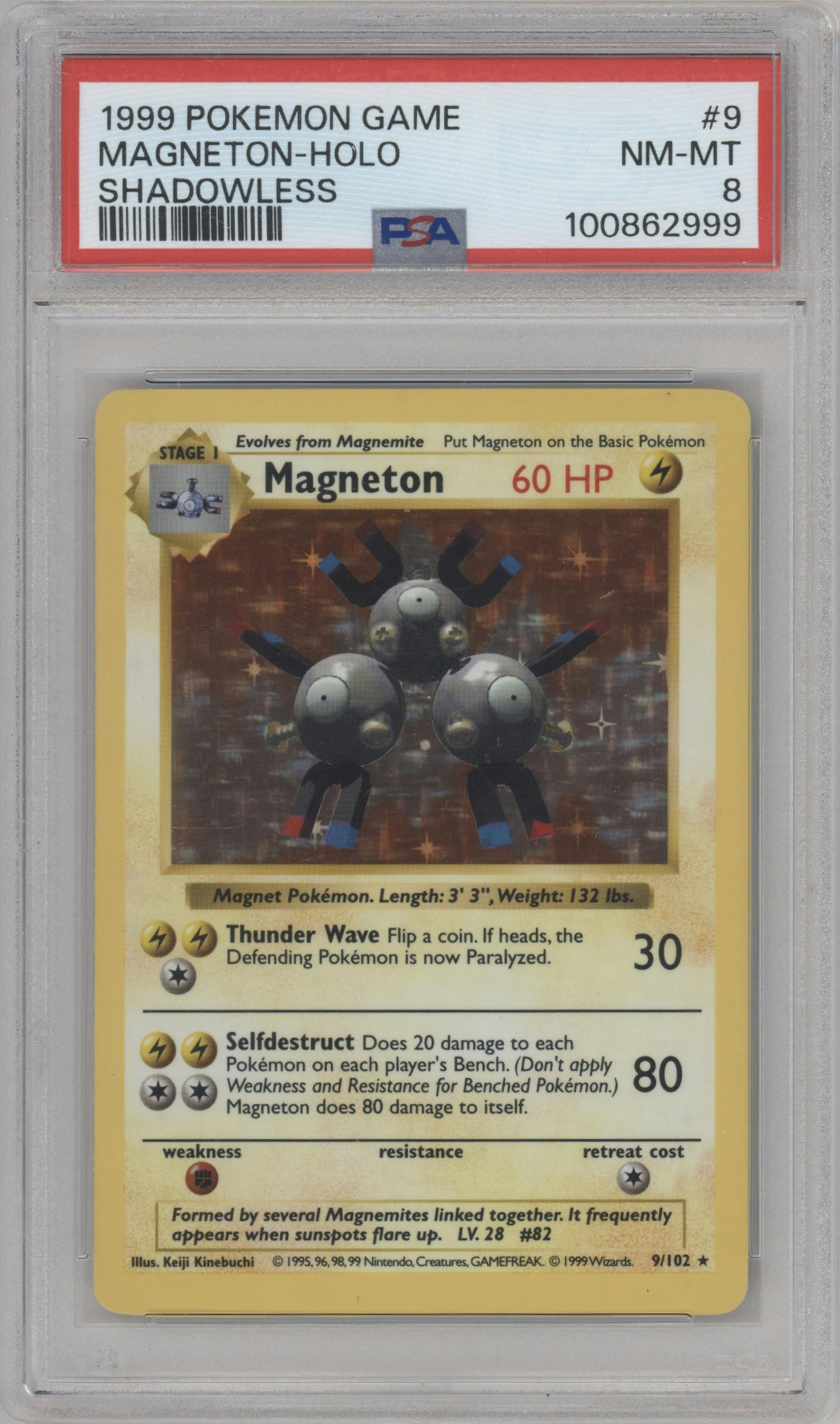 Magneton from the 1999 Pokemon set graded by PSA and given an overall grade of 8.