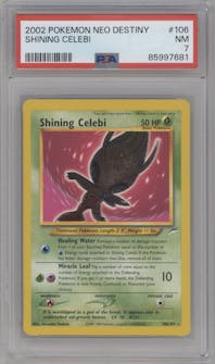 Shining Celebi from the 2002 Pokemon Neo Genesis set graded by PSA and given an overall grade of 7.