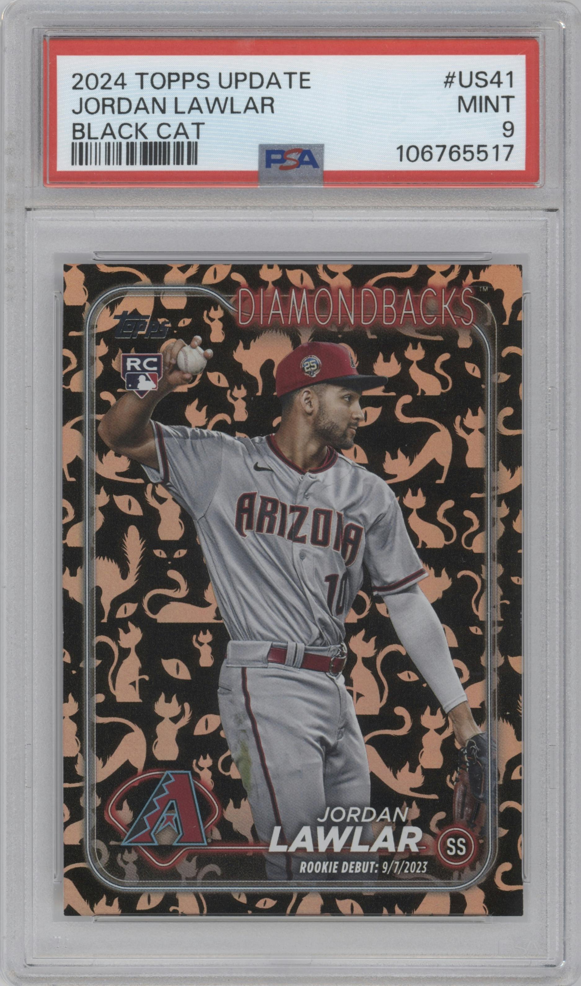 Jordan Lawlar from the 2024 Topps Update set featuring a Holiday Black Cats parallel graded by PSA and given an overall grade of 9.
