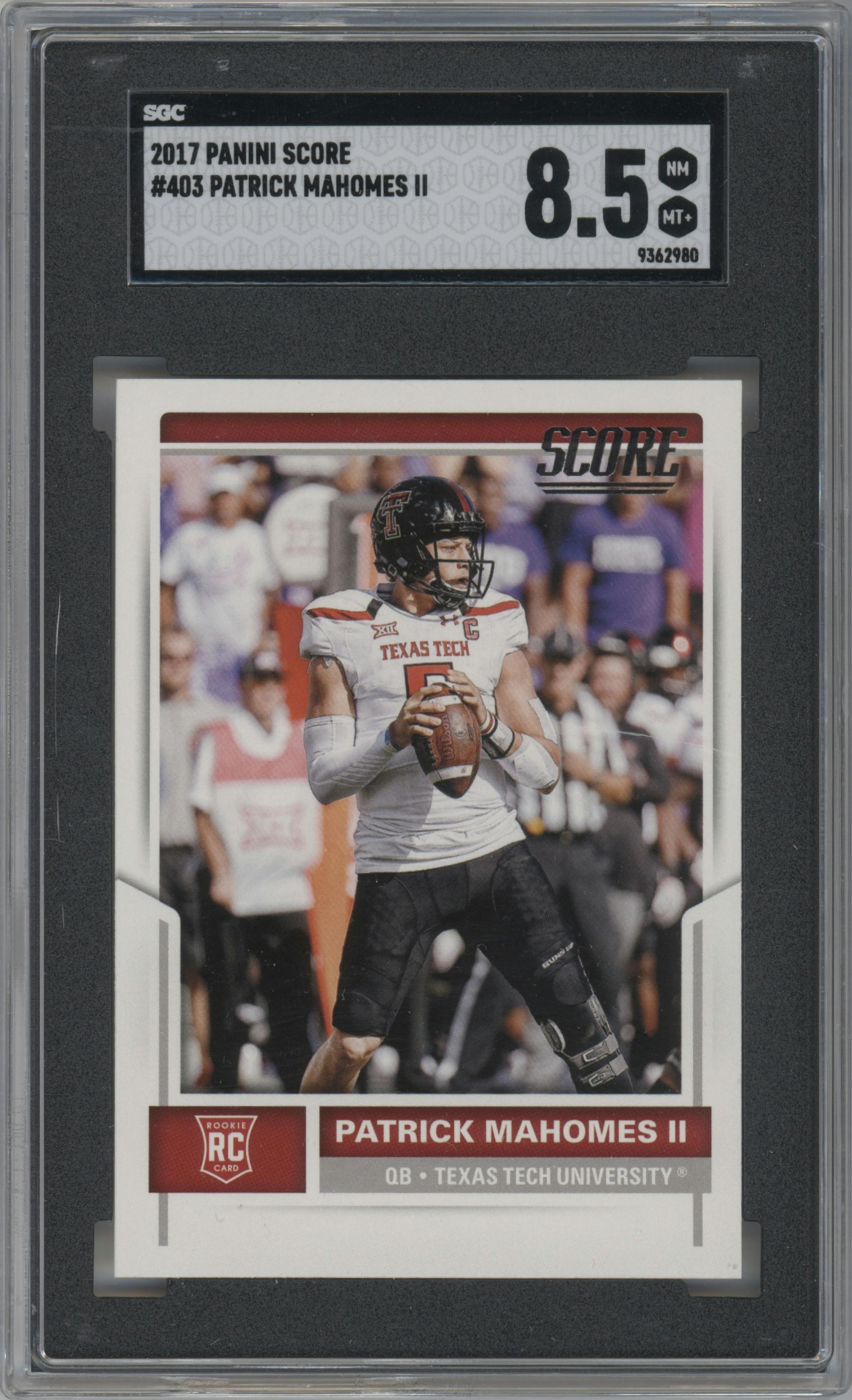Patrick Mahomes II from the 2017 Panini Score set graded by SGC and given an overall grade of 8.5.