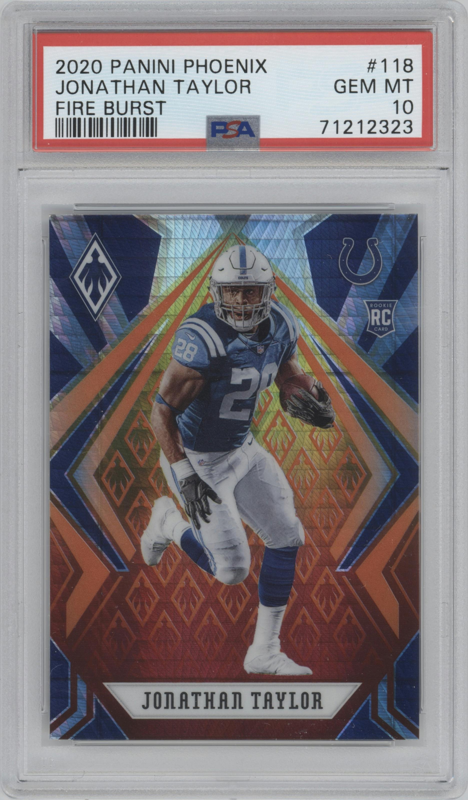 Jonathan Taylor from the 2020 Panini Phoenix set featuring a Fire Burst parallel graded by PSA and given an overall grade of 10.