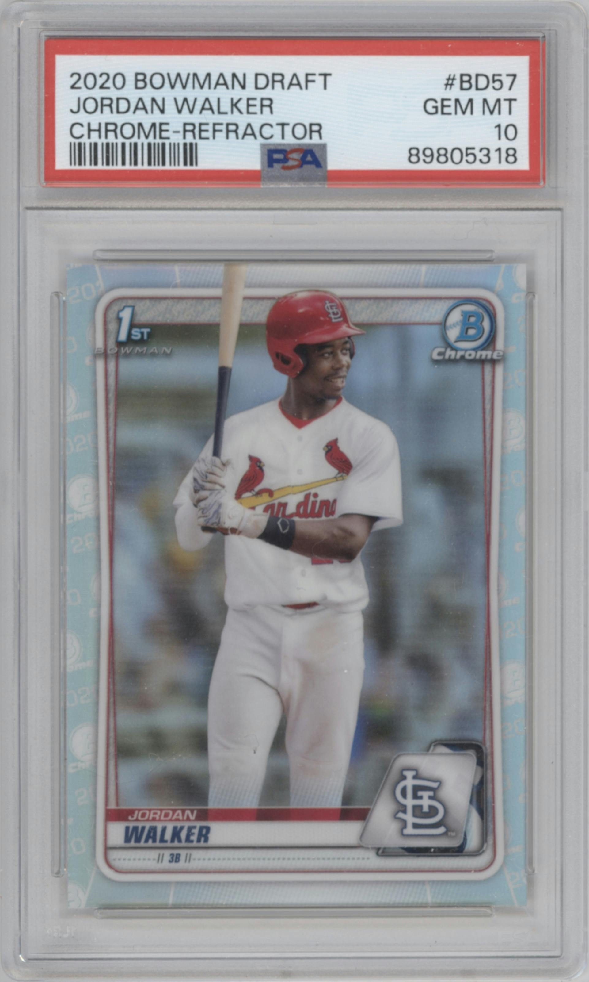 Jordan Walker from the 2020 Bowman Draft set featuring a Refractor parallel graded by PSA and given an overall grade of 10.