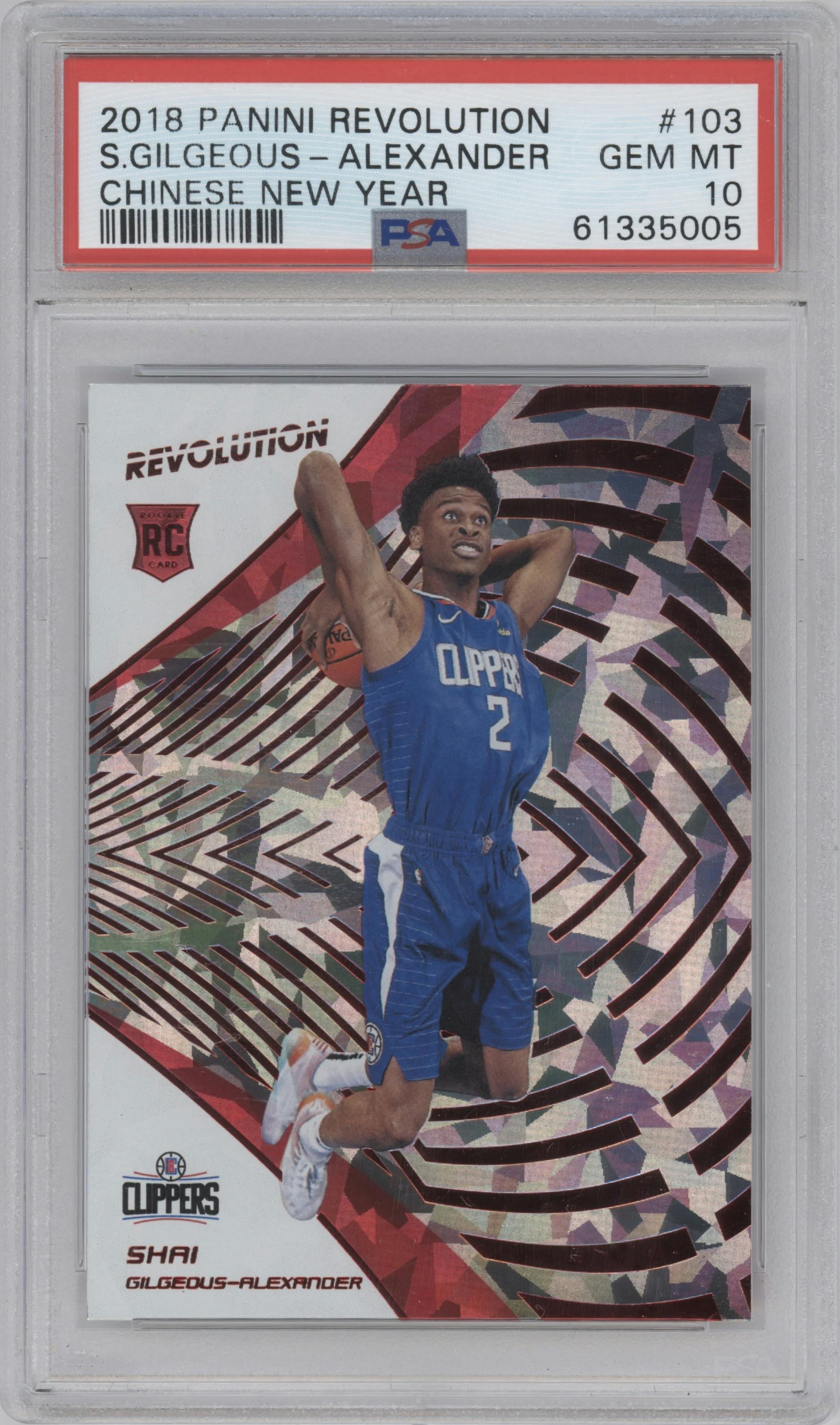 Shai Gilgeous-Alexander from the 2018-19 Panini Revolution  set featuring a Chinese New Year parallel graded by PSA and given an overall grade of 10.