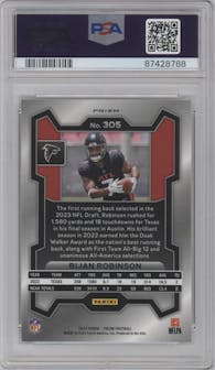 Bijan Robinson from the 2023 Panini Prizm set featuring a Silver Prizm parallel graded by PSA and given an overall grade of 9.