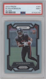 Bijan Robinson from the 2023 Panini Prizm set featuring a Silver Prizm parallel graded by PSA and given an overall grade of 9.