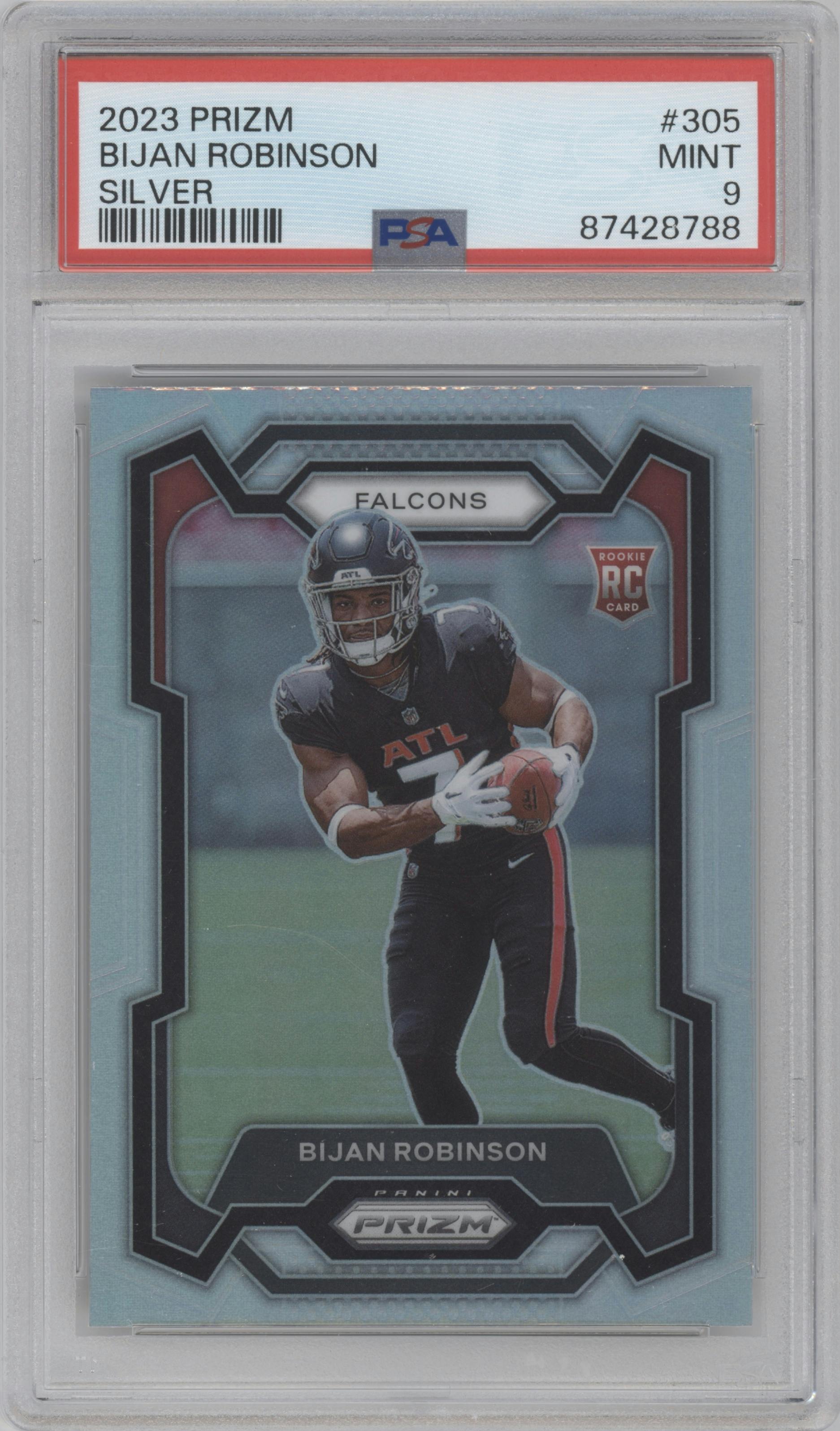 Bijan Robinson from the 2023 Panini Prizm set featuring a Silver Prizm parallel graded by PSA and given an overall grade of 9.