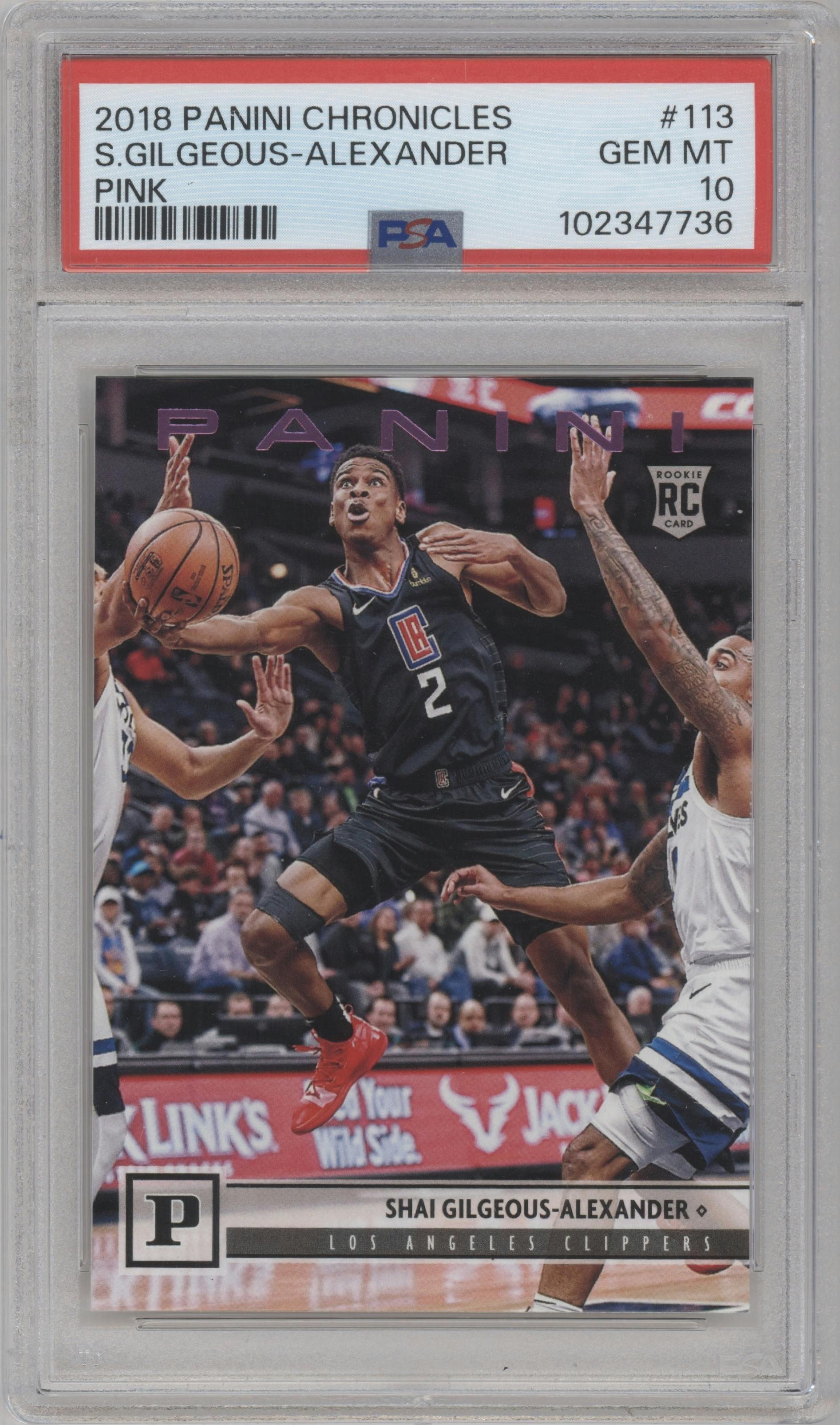Shai Gilgeous-Alexander from the 2018-19 Panini Chronicles set featuring a Pink parallel graded by PSA and given an overall grade of 10.
