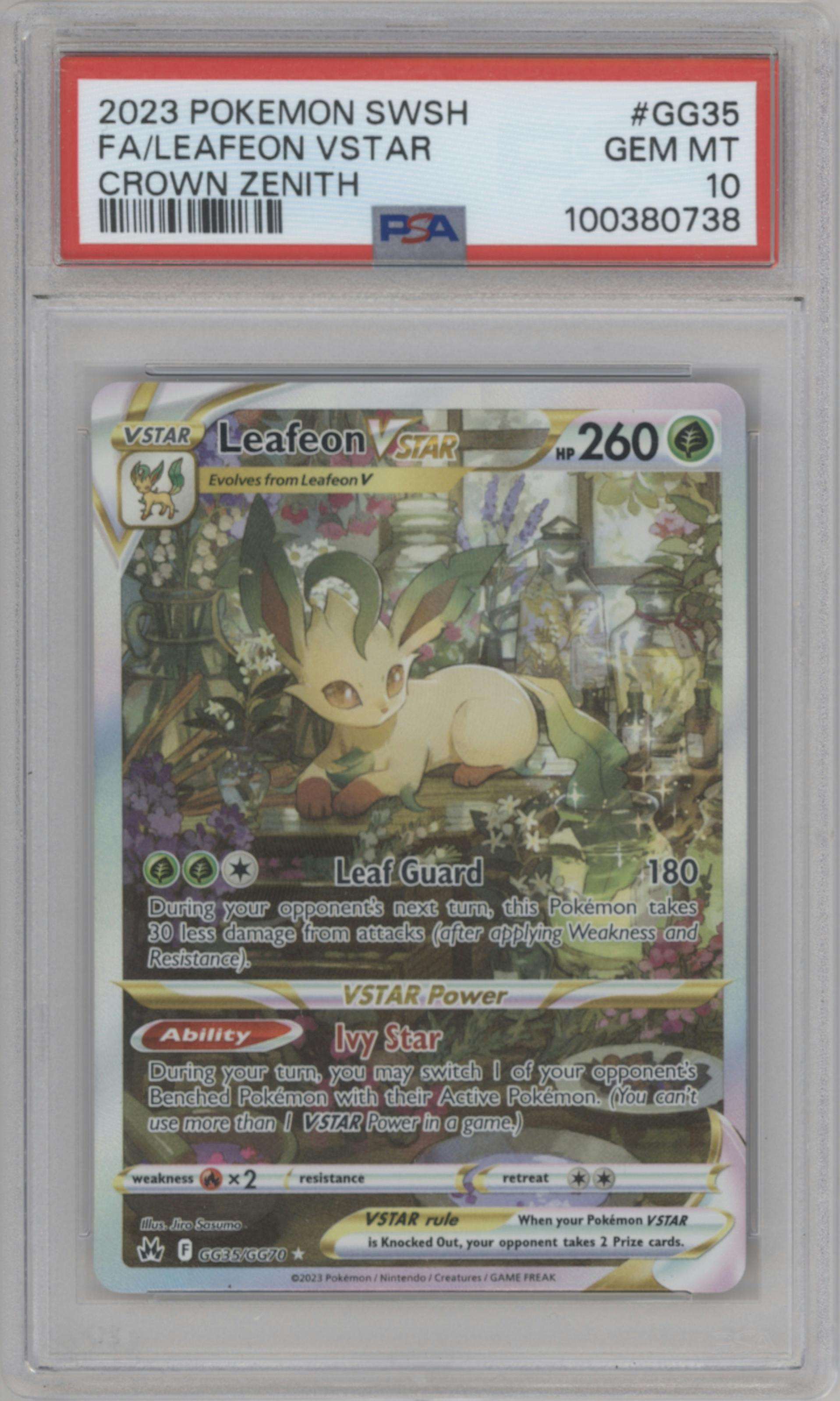 Leafeon VSTAR from the 2023 Pokemon SWSH set graded by PSA and given an overall grade of 10.