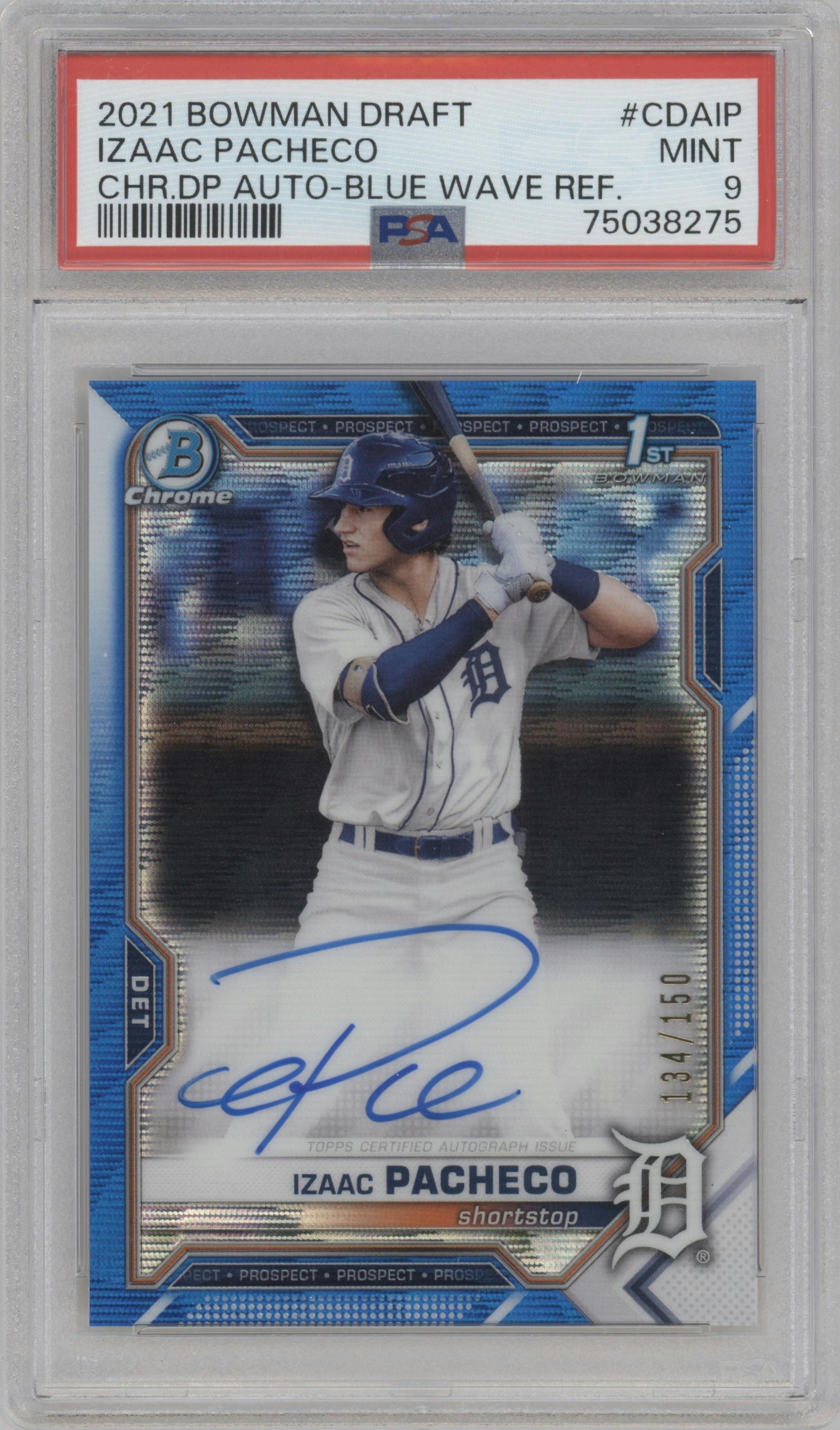 Izaac Pacheco from the 2021 Bowman Draft set featuring a Blue Wave Refractor parallel graded by PSA and given an overall grade of 9.