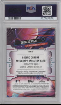 Shohei Ohtani from the 2024 Topps Cosmic Chrome set featuring a Gold Interstellar Refractor parallel graded by PSA and given an overall grade of 10.