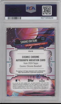 Shohei Ohtani from the 2024 Topps Cosmic Chrome set featuring a Gold Interstellar Refractor parallel graded by PSA and given an overall grade of 10.