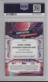 Shohei Ohtani from the 2024 Topps Cosmic Chrome set featuring a Gold Interstellar Refractor parallel graded by PSA and given an overall grade of 10.