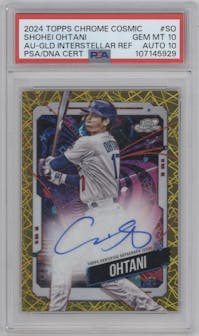 Shohei Ohtani from the 2024 Topps Cosmic Chrome set featuring a Gold Interstellar Refractor parallel graded by PSA and given an overall grade of 10.