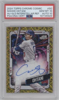 Shohei Ohtani from the 2024 Topps Cosmic Chrome set featuring a Gold Interstellar Refractor parallel graded by PSA and given an overall grade of 10.