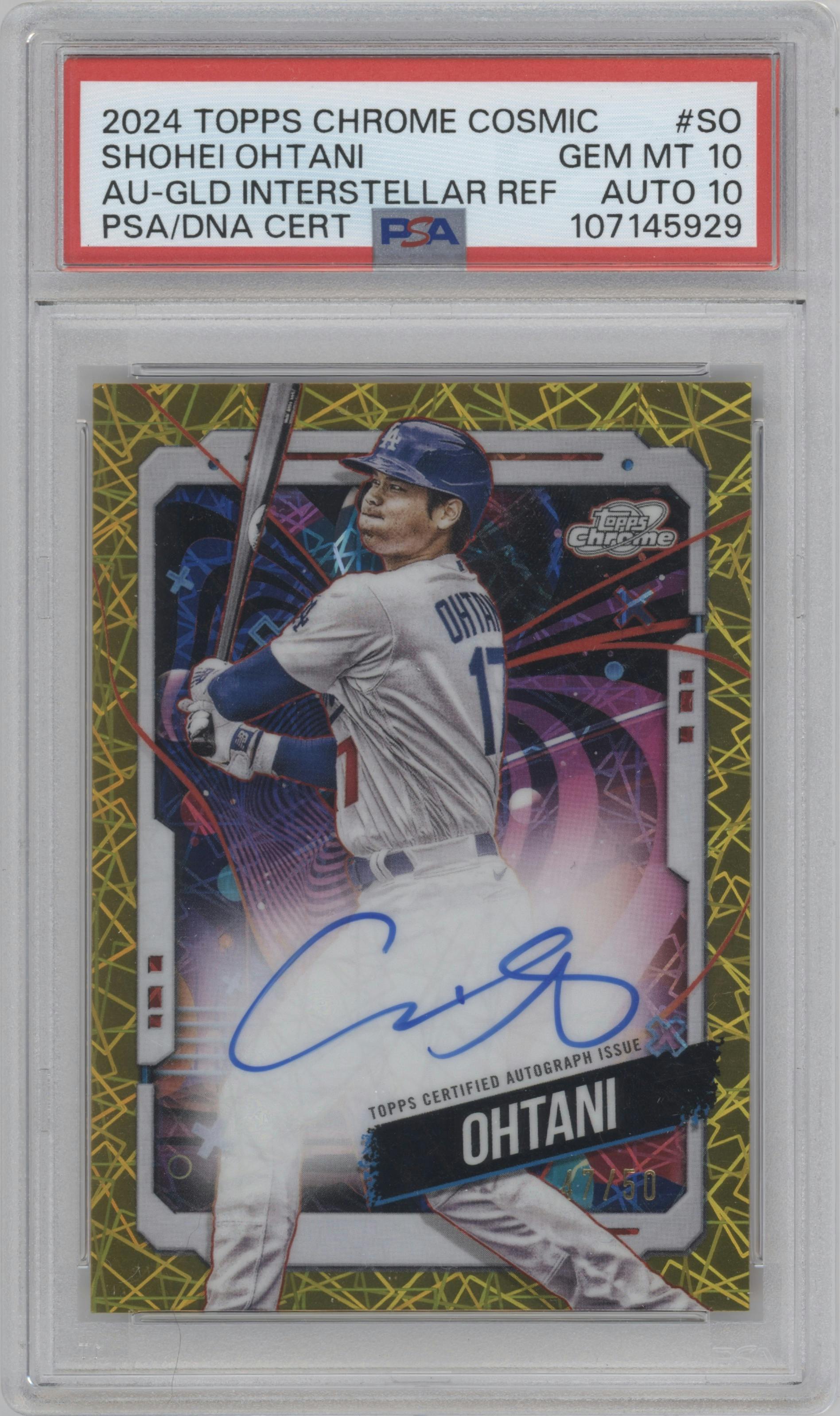 Shohei Ohtani from the 2024 Topps Cosmic Chrome set featuring a Gold Interstellar Refractor parallel graded by PSA and given an overall grade of 10.