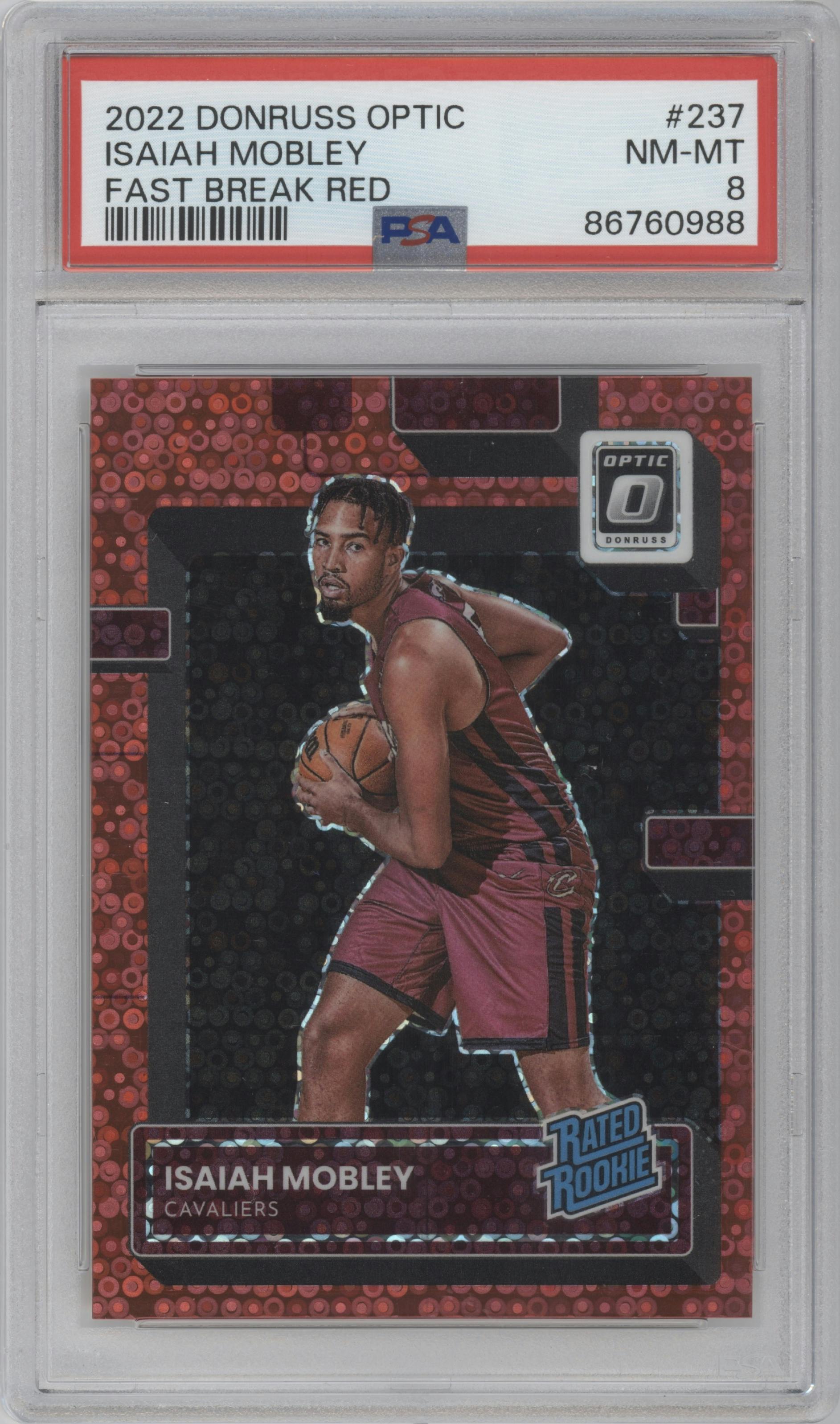 Isaiah Mobley from the 2022-23 Panini Donruss Optic  set featuring a Fast Break Red parallel graded by PSA and given an overall grade of 8.