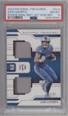 Sam Laporta from the 2023 Panini National Treasures set featuring a Red Jersey Number parallel graded by PSA and given an overall grade of 8.