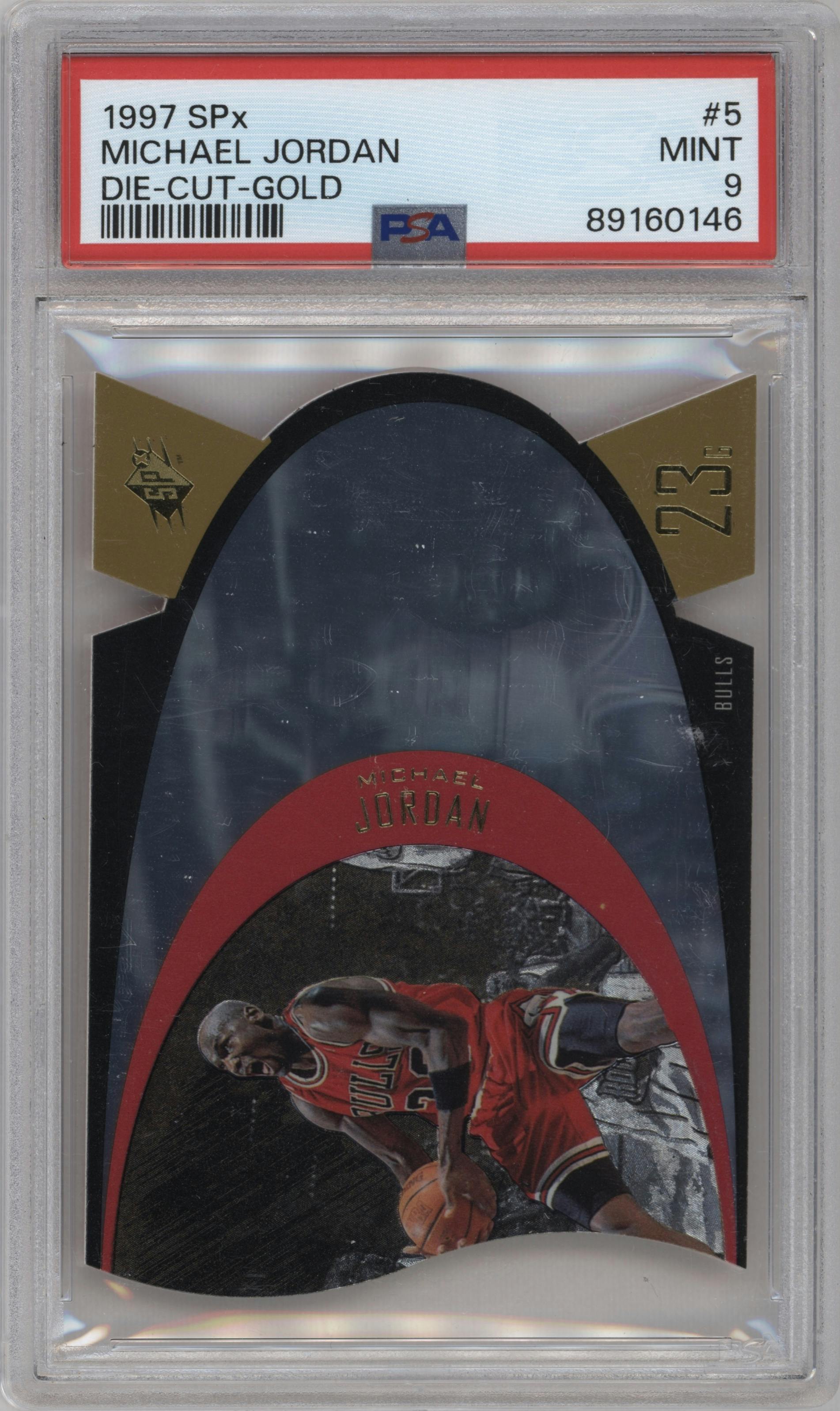 Michael Jordan from the 1997 SPx set featuring a Gold parallel graded by PSA and given an overall grade of 9.