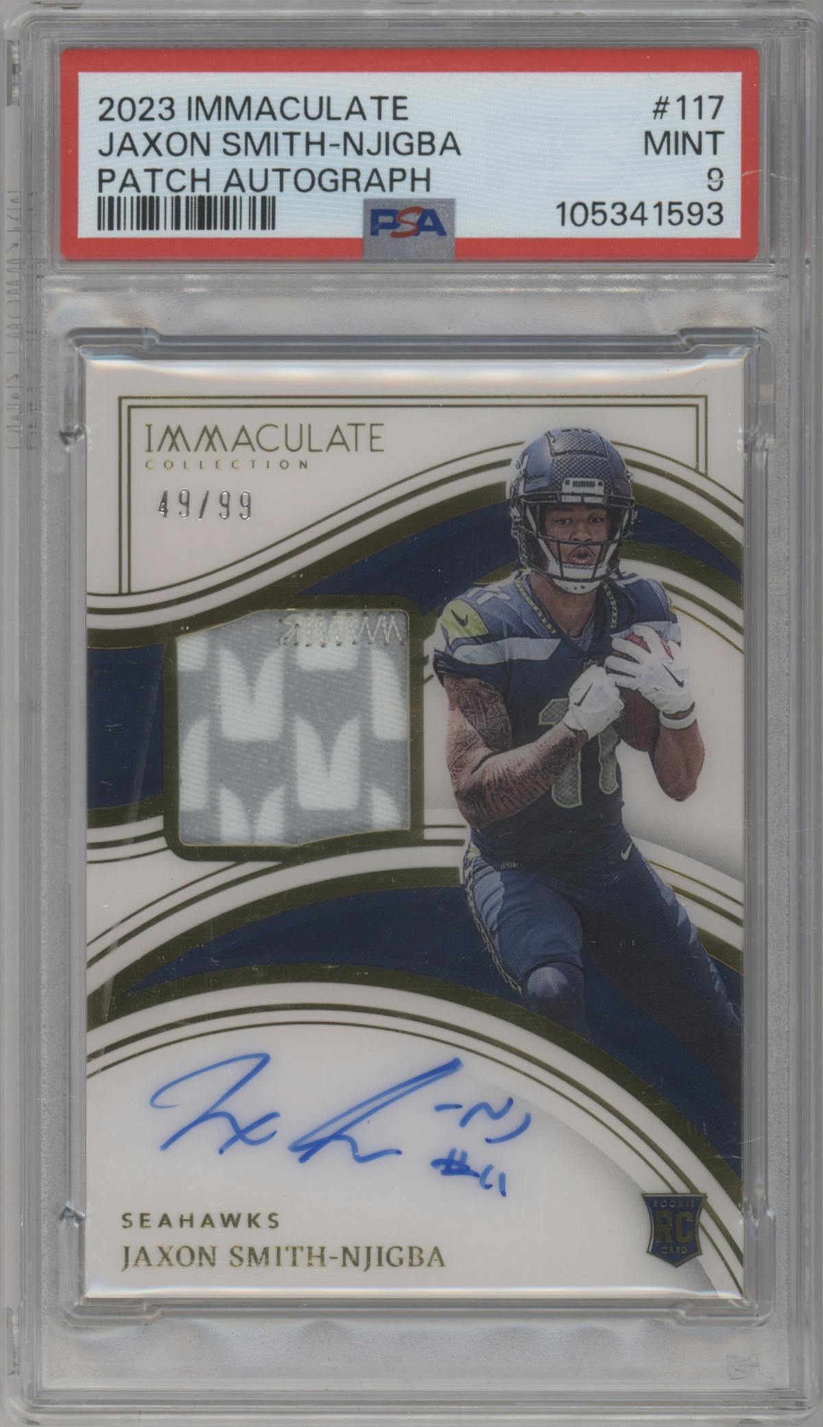Jaxon Smith-Njigba from the 2023 Panini Immaculate Collection  set graded by PSA and given an overall grade of 9.
