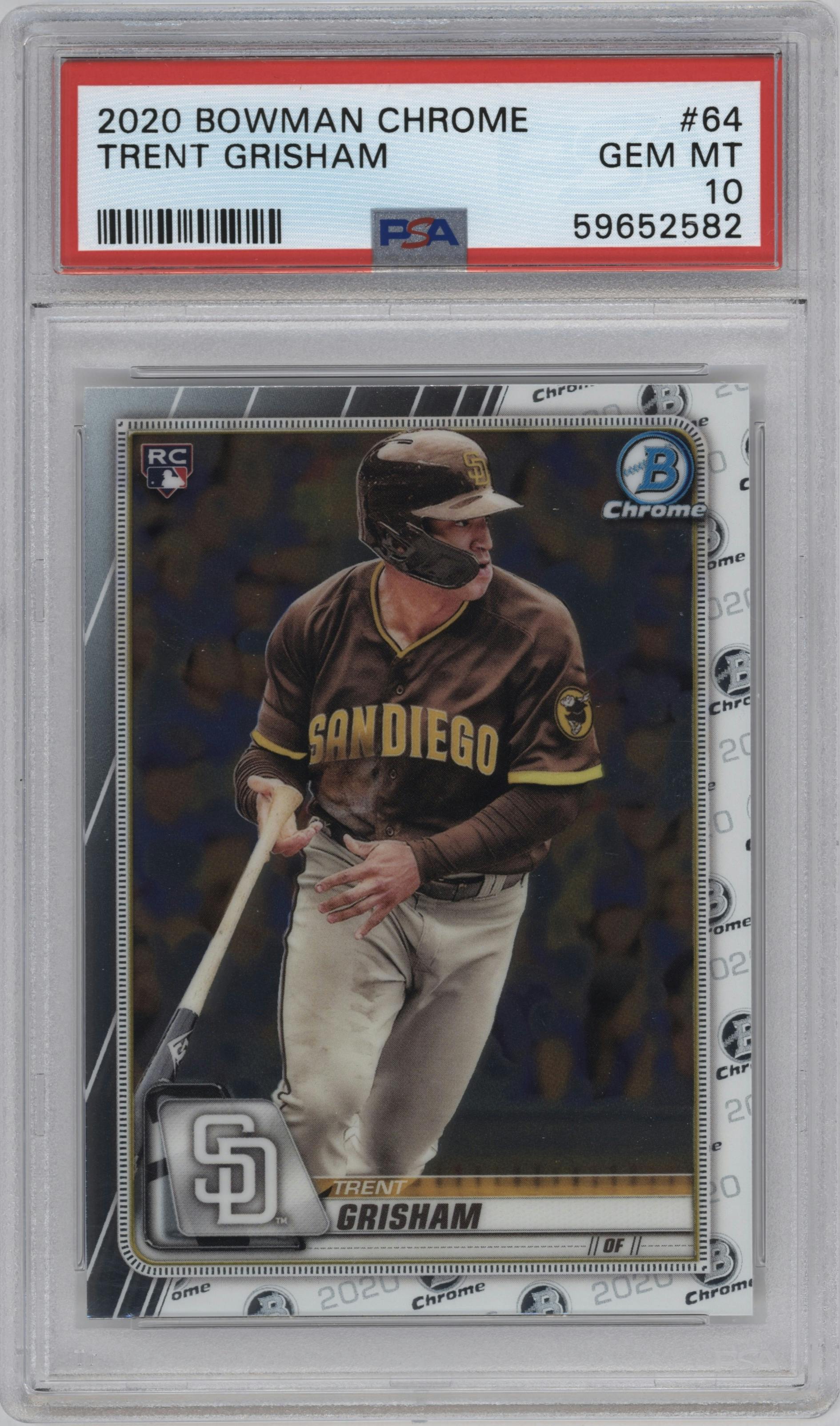 Trent Grisham from the 2020 Bowman Chrome set graded by PSA and given an overall grade of 10.