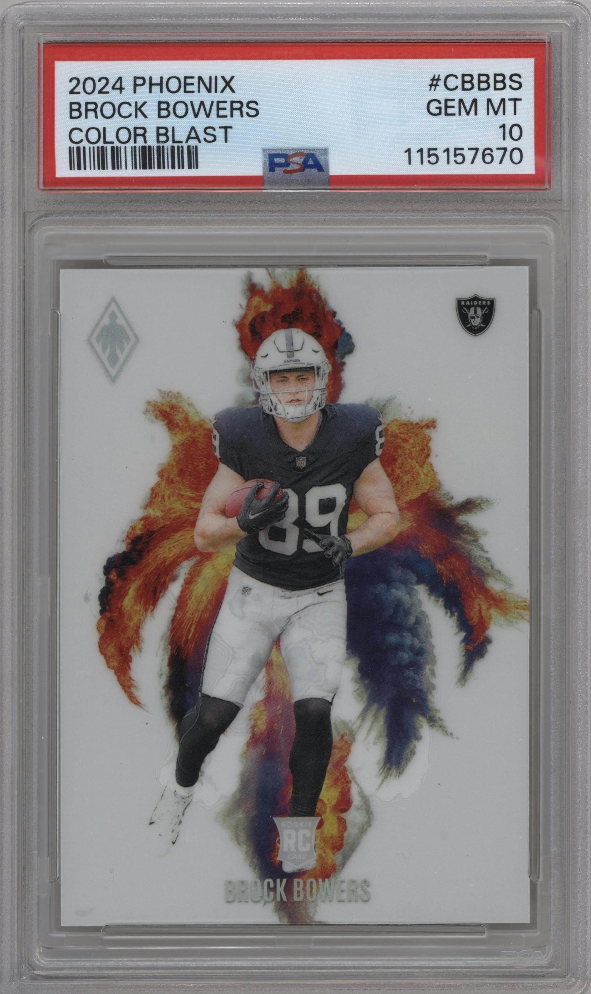 Brock Bowers from the 2024 Panini Phoenix set graded by PSA and given an overall grade of 10.