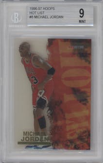 Michael Jordan from the 1996-97 NBA Hoops set graded by Beckett and given an overall grade of 9.