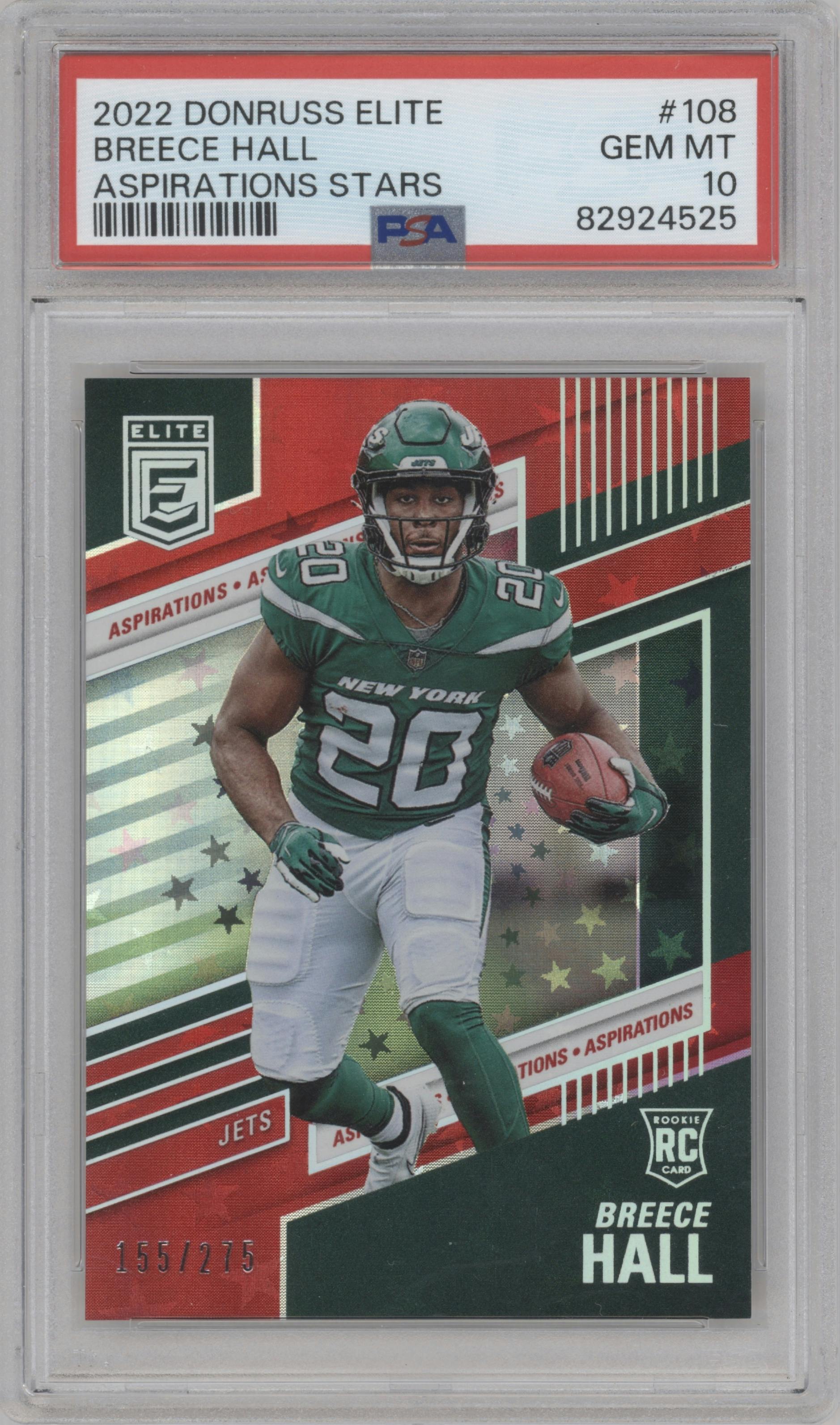 Breece Hall from the 2022 Panini Donruss Elite set featuring a Aspirations Stars parallel graded by PSA and given an overall grade of 10.