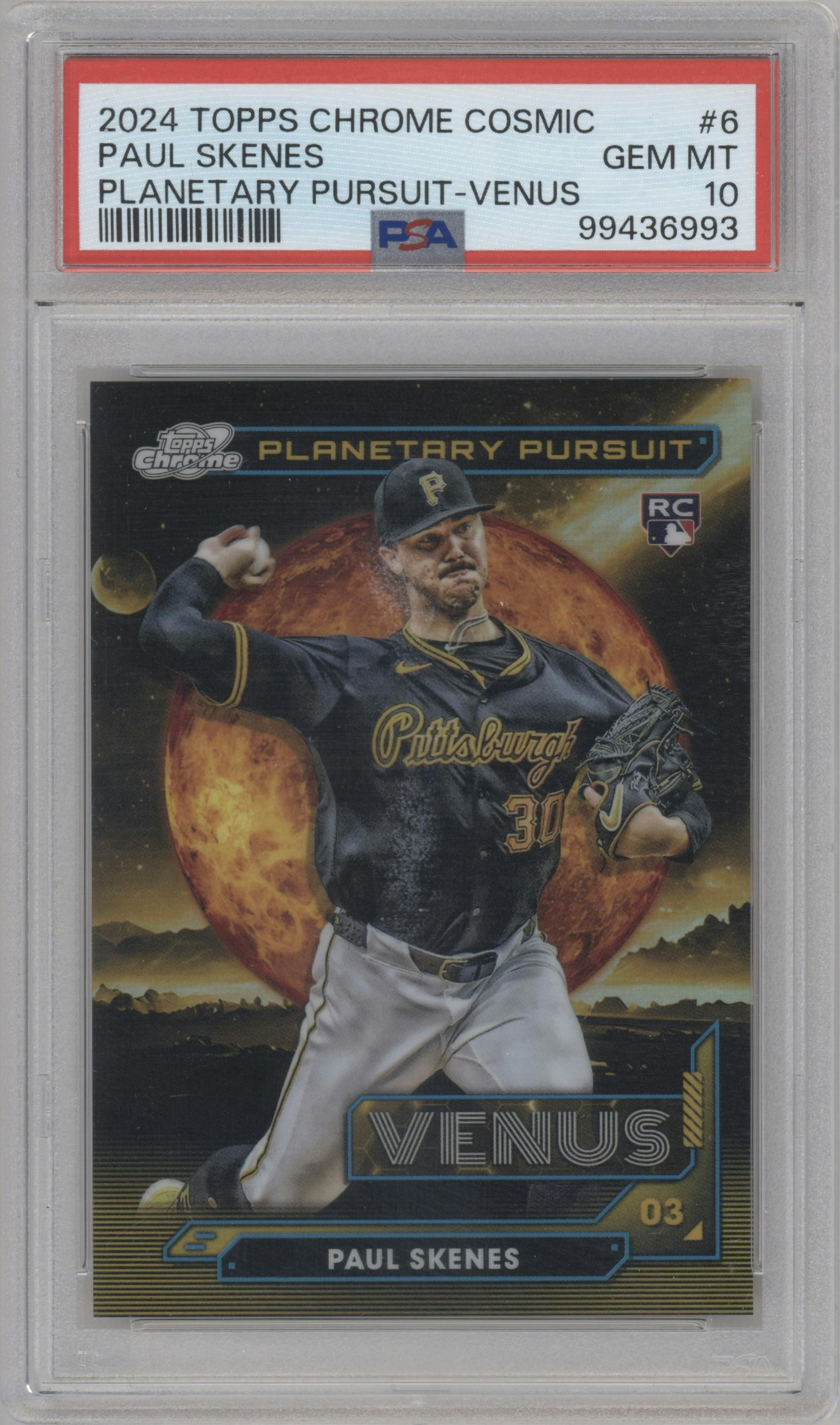 Paul Skenes from the 2024 Topps Cosmic Chrome set graded by PSA and given an overall grade of 10.
