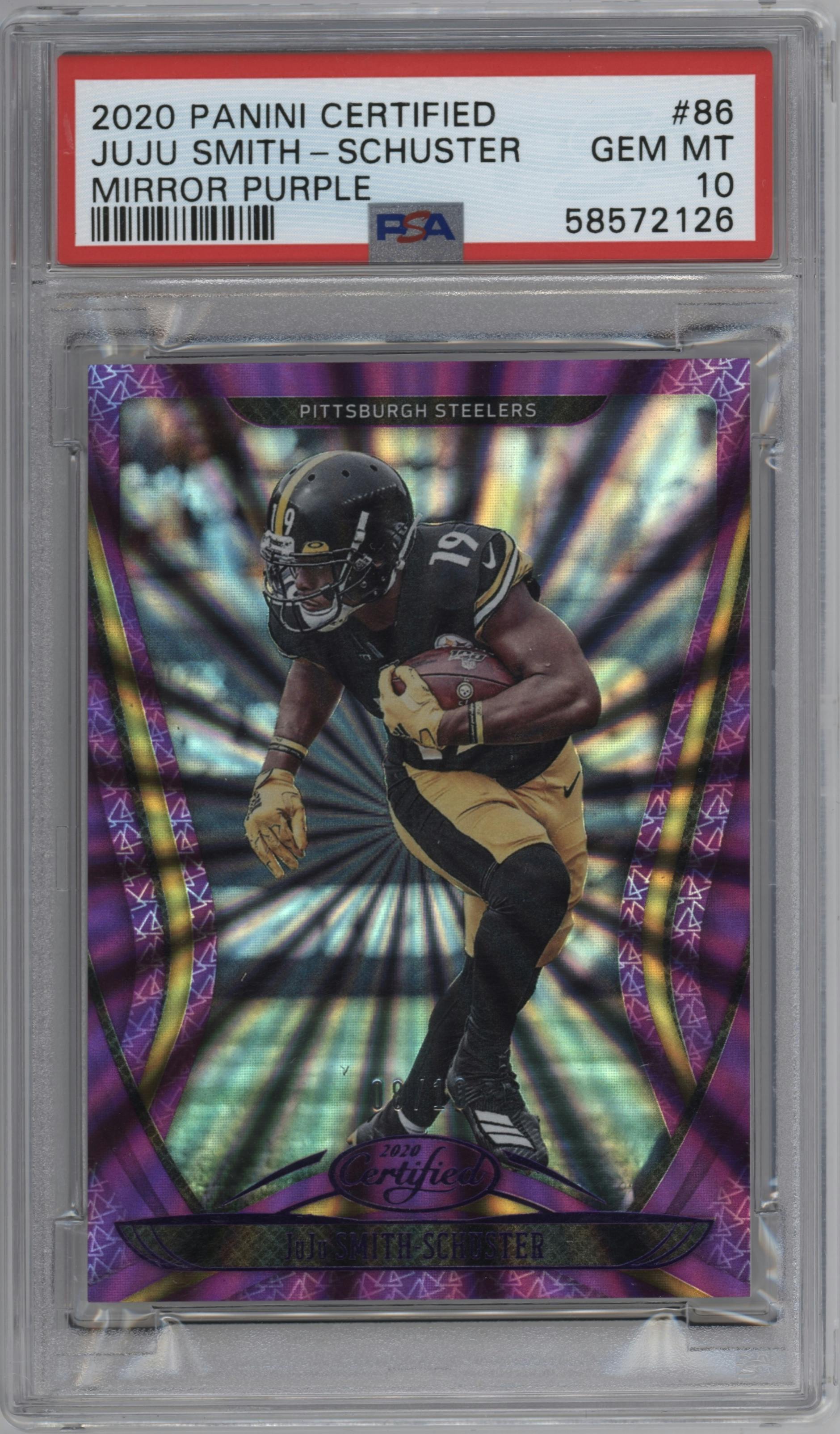 JuJu Smith-Schuster from the 2020 Panini Certified set featuring a Mirror Purple parallel graded by PSA and given an overall grade of 10.