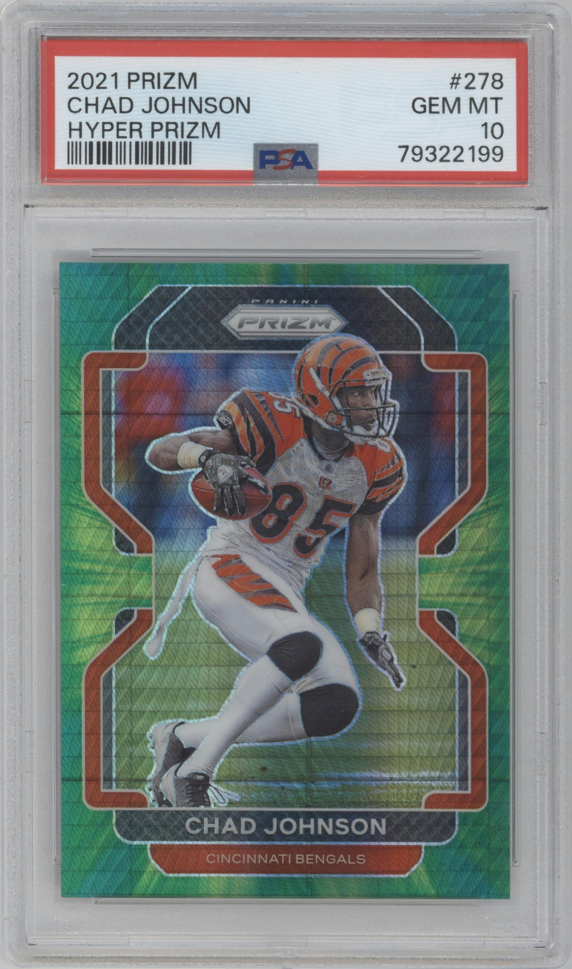 Chad Johnson from the 2021 Panini Prizm set featuring a Hyper parallel graded by PSA and given an overall grade of 10.