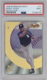 Derek Jeter from the 1998 Bowman's Best set featuring a Refractor parallel graded by PSA and given an overall grade of 9.