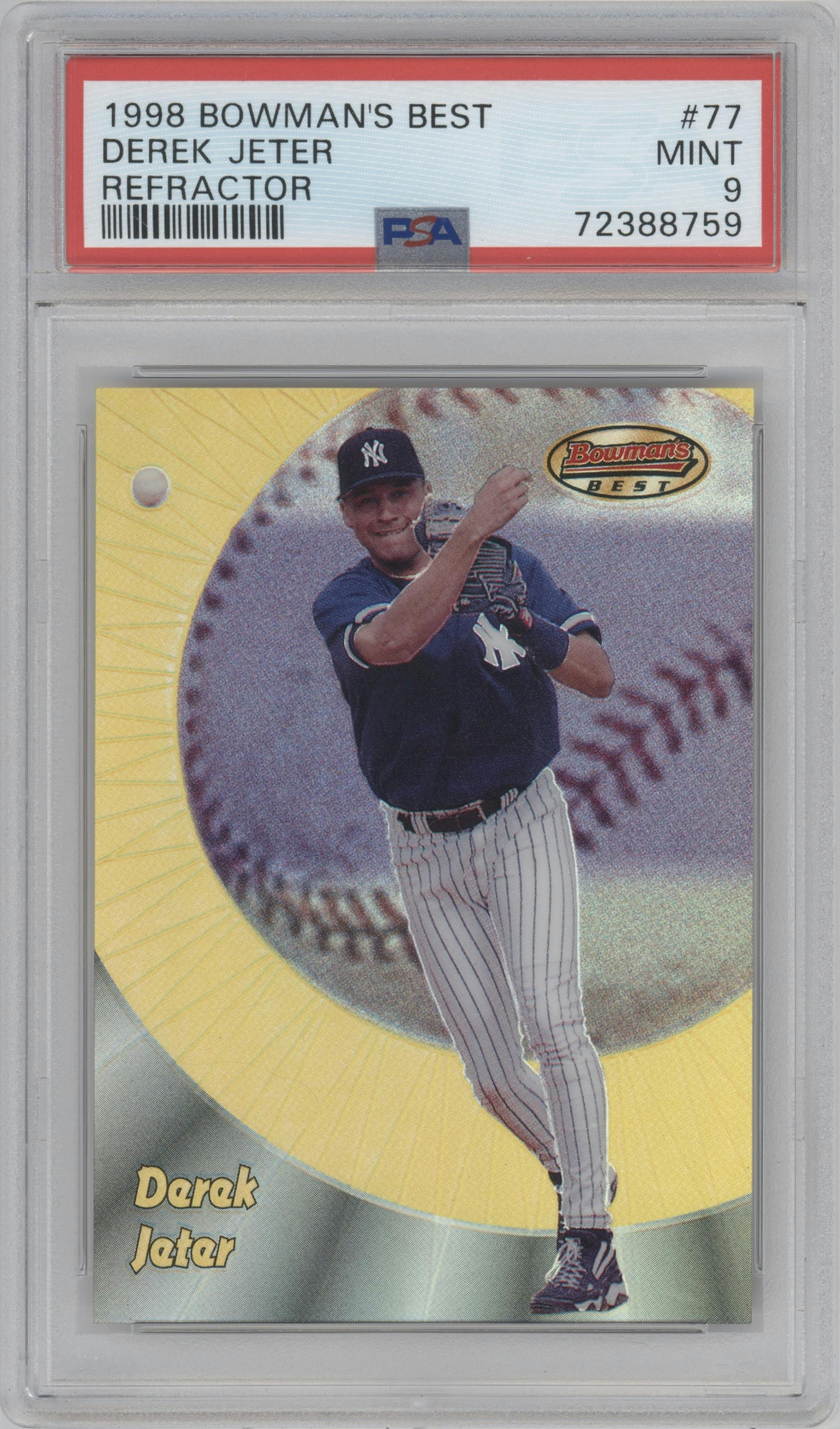 Derek Jeter from the 1998 Bowman's Best set featuring a Refractor parallel graded by PSA and given an overall grade of 9.