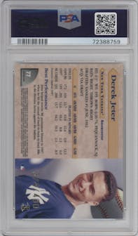 Derek Jeter from the 1998 Bowman's Best set featuring a Refractor parallel graded by PSA and given an overall grade of 9.