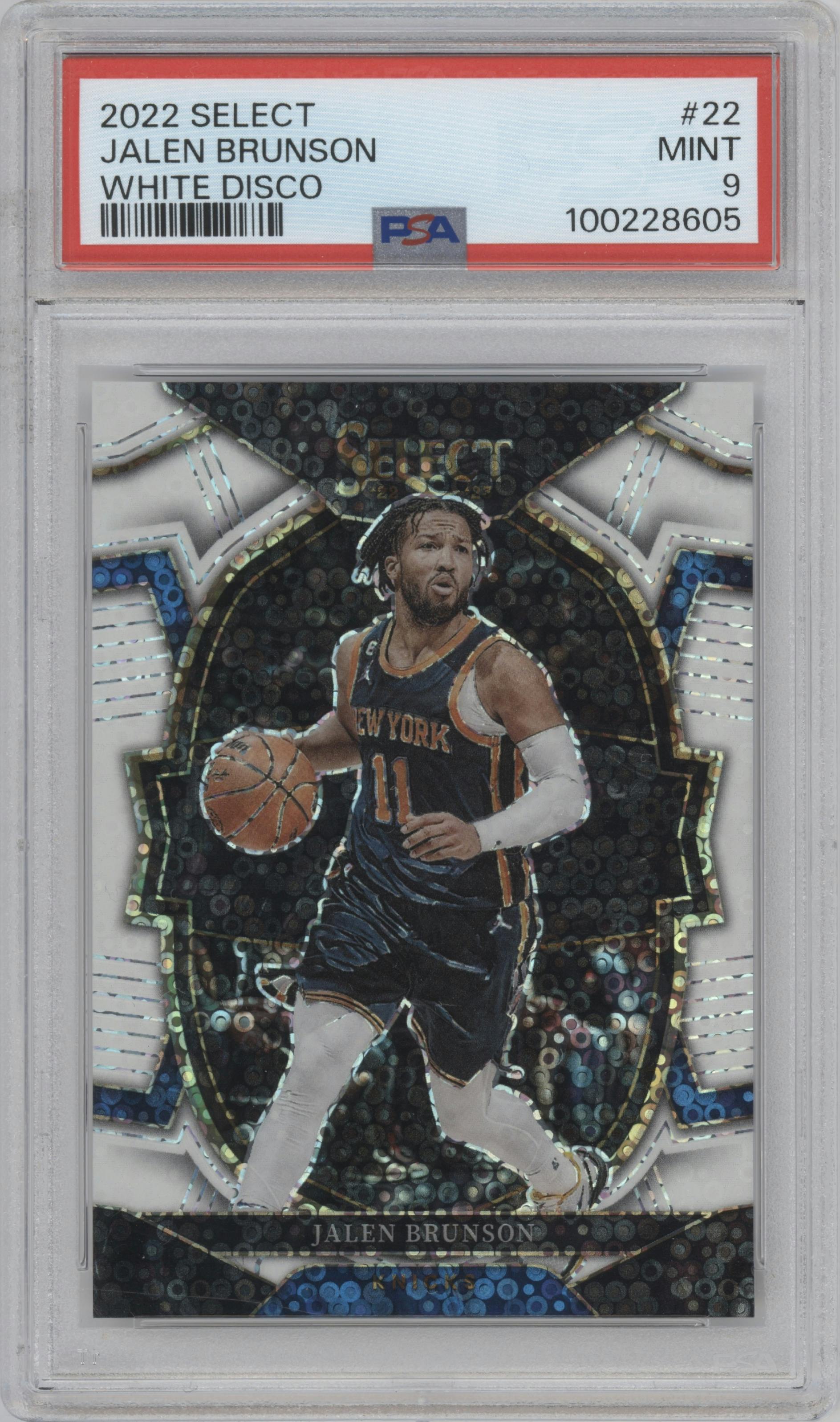 Jalen Brunson from the 2022-23 Panini Select set featuring a White Disco parallel graded by PSA and given an overall grade of 9.
