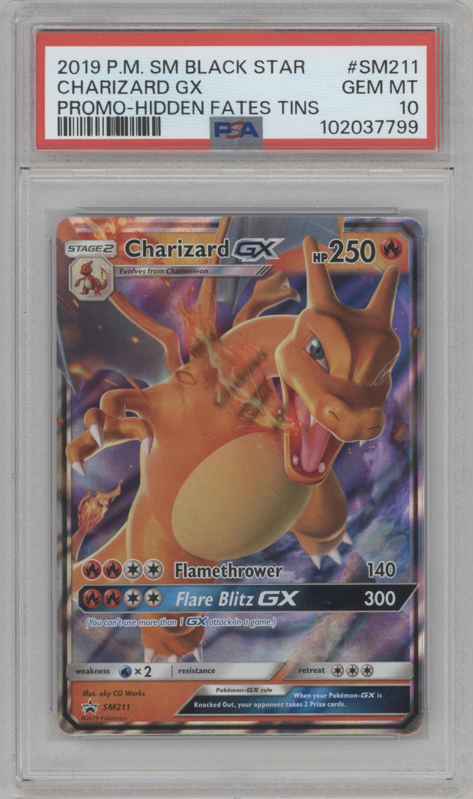 Charizard GX from the 2019 Pokemon S&M  set featuring a Hidden Fates Tins parallel graded by PSA and given an overall grade of 10.