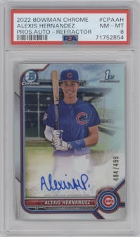 Alexis Hernandez from the 2022 Bowman Chrome set featuring a Refractor parallel graded by PSA and given an overall grade of 8.