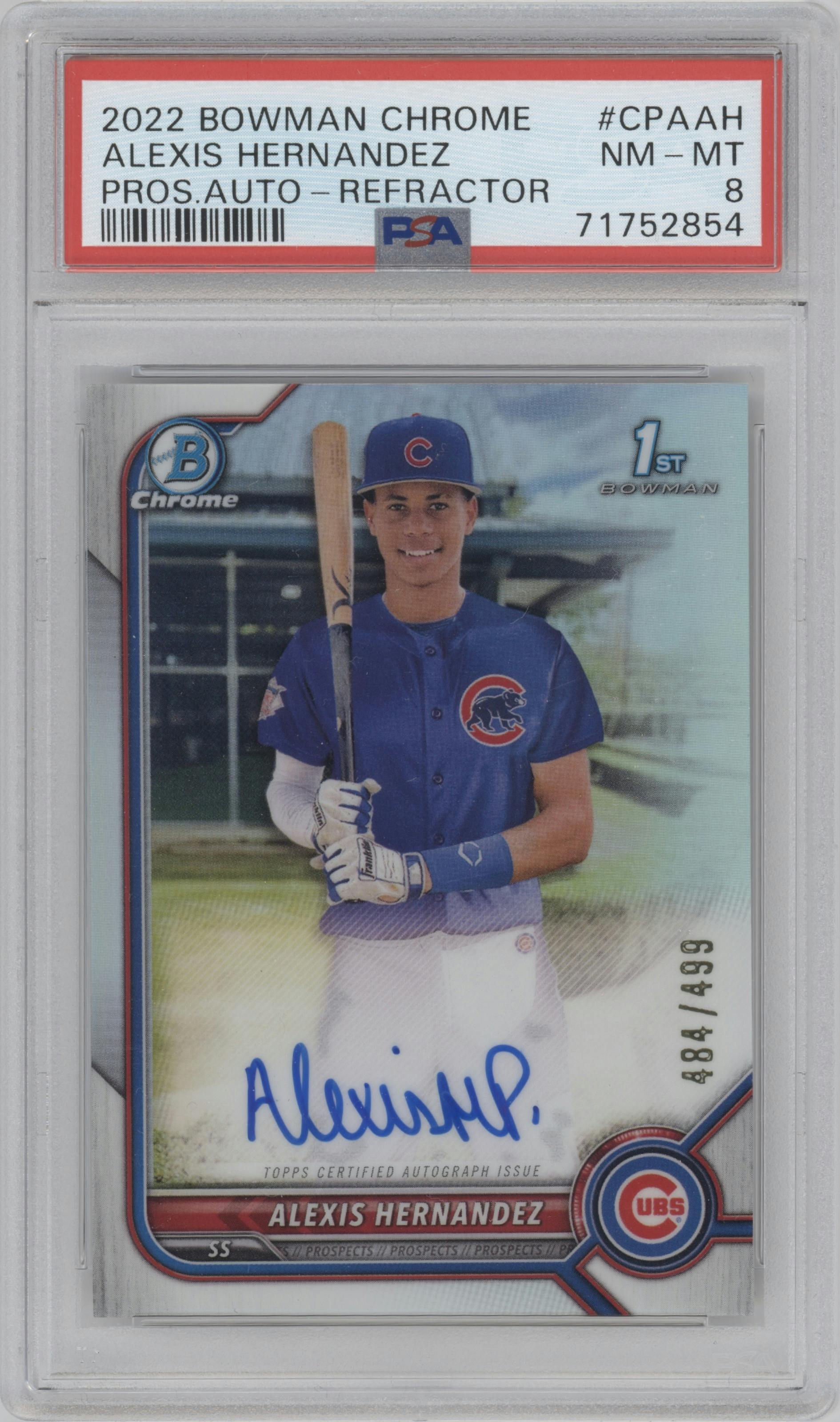 Alexis Hernandez from the 2022 Bowman Chrome set featuring a Refractor parallel graded by PSA and given an overall grade of 8.