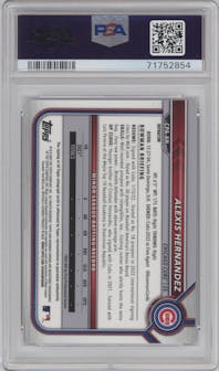 Alexis Hernandez from the 2022 Bowman Chrome set featuring a Refractor parallel graded by PSA and given an overall grade of 8.