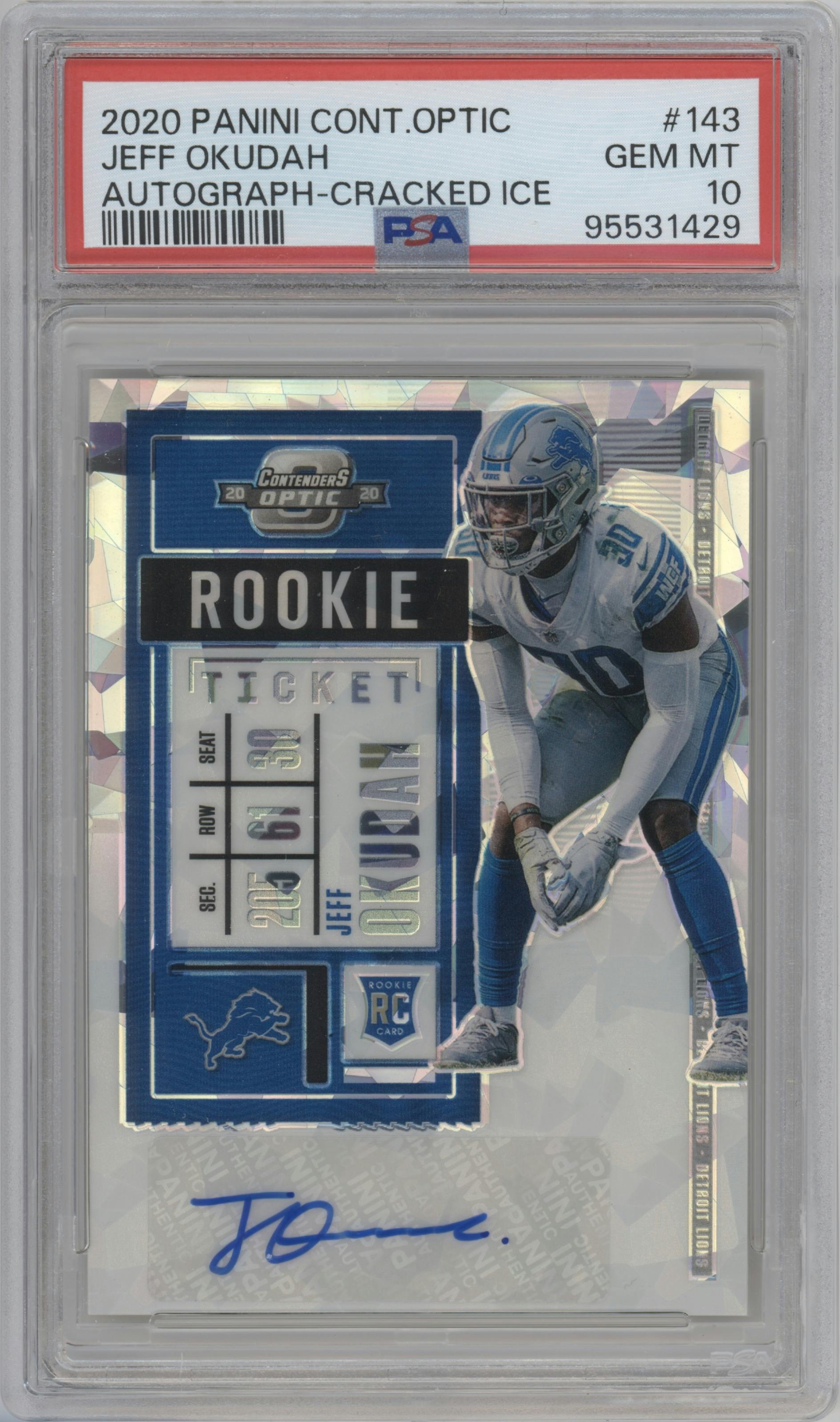 Jeff Okudah from the 2020 Panini Contenders Optic set featuring a Cracked Ice parallel graded by PSA and given an overall grade of 10.