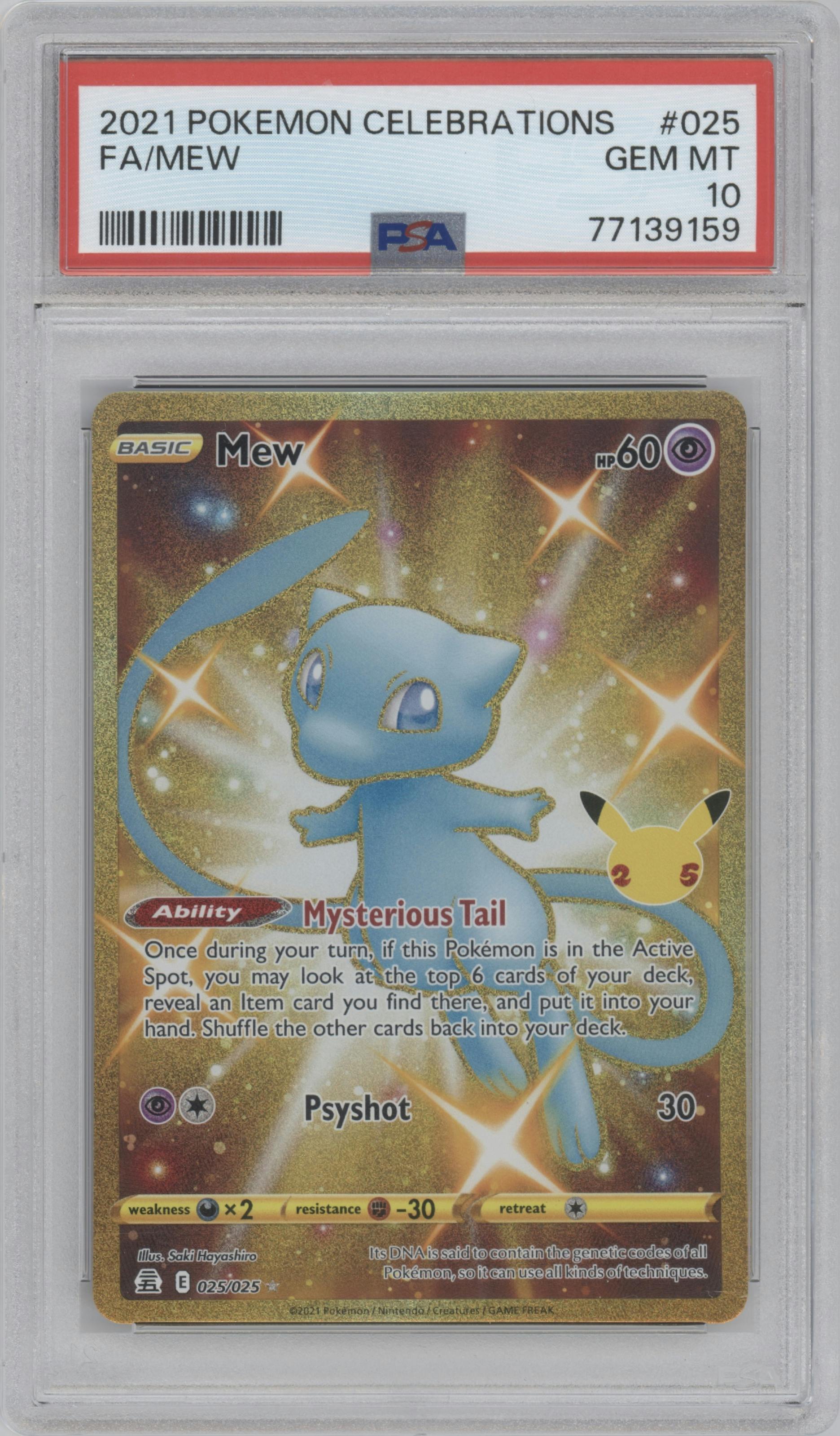 Mew from the 2021 Pokemon SWSH set graded by PSA and given an overall grade of 10.