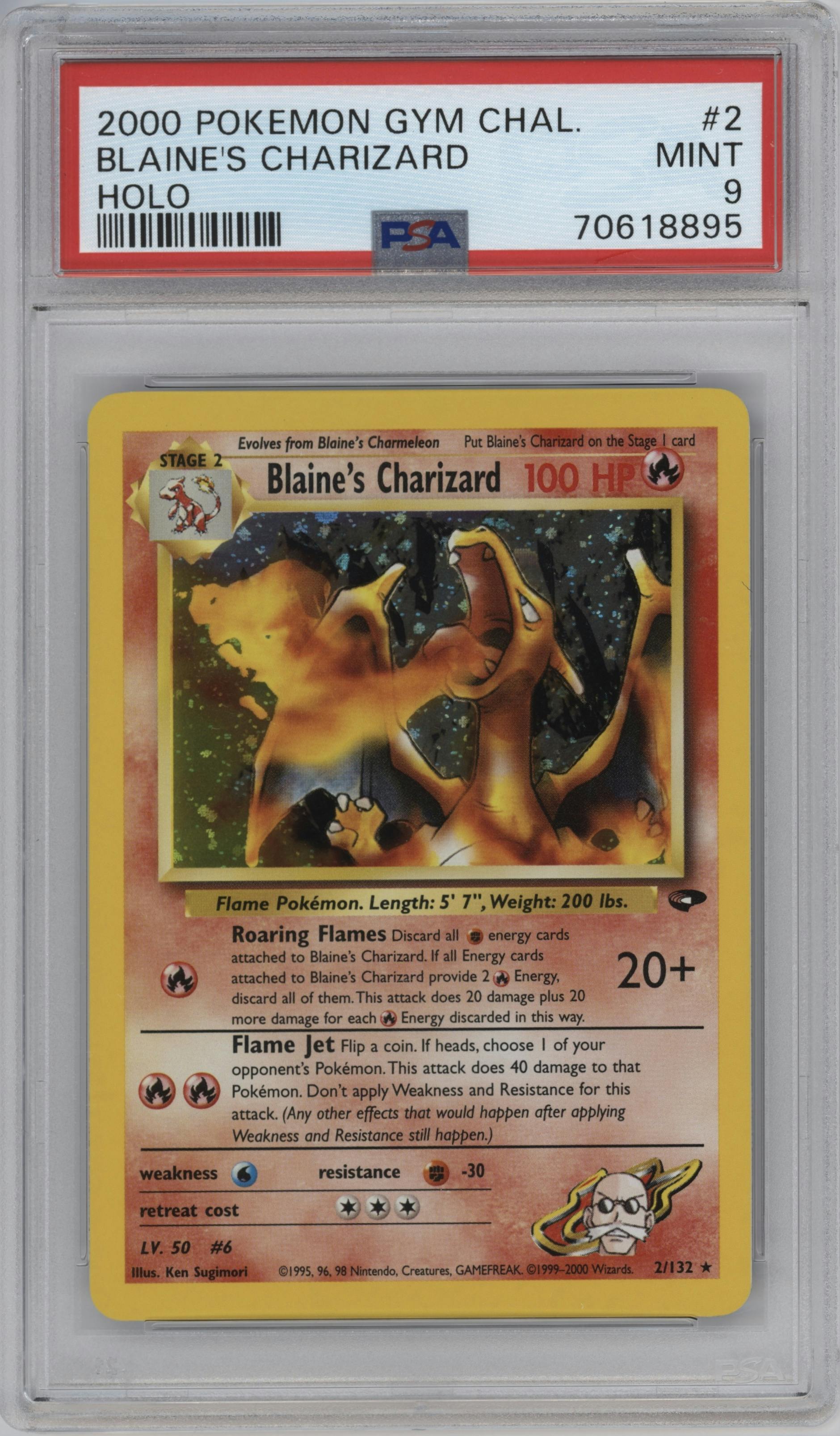 Blaine's Charizard from the 2000 Pokemon GH set graded by PSA and given an overall grade of 9.