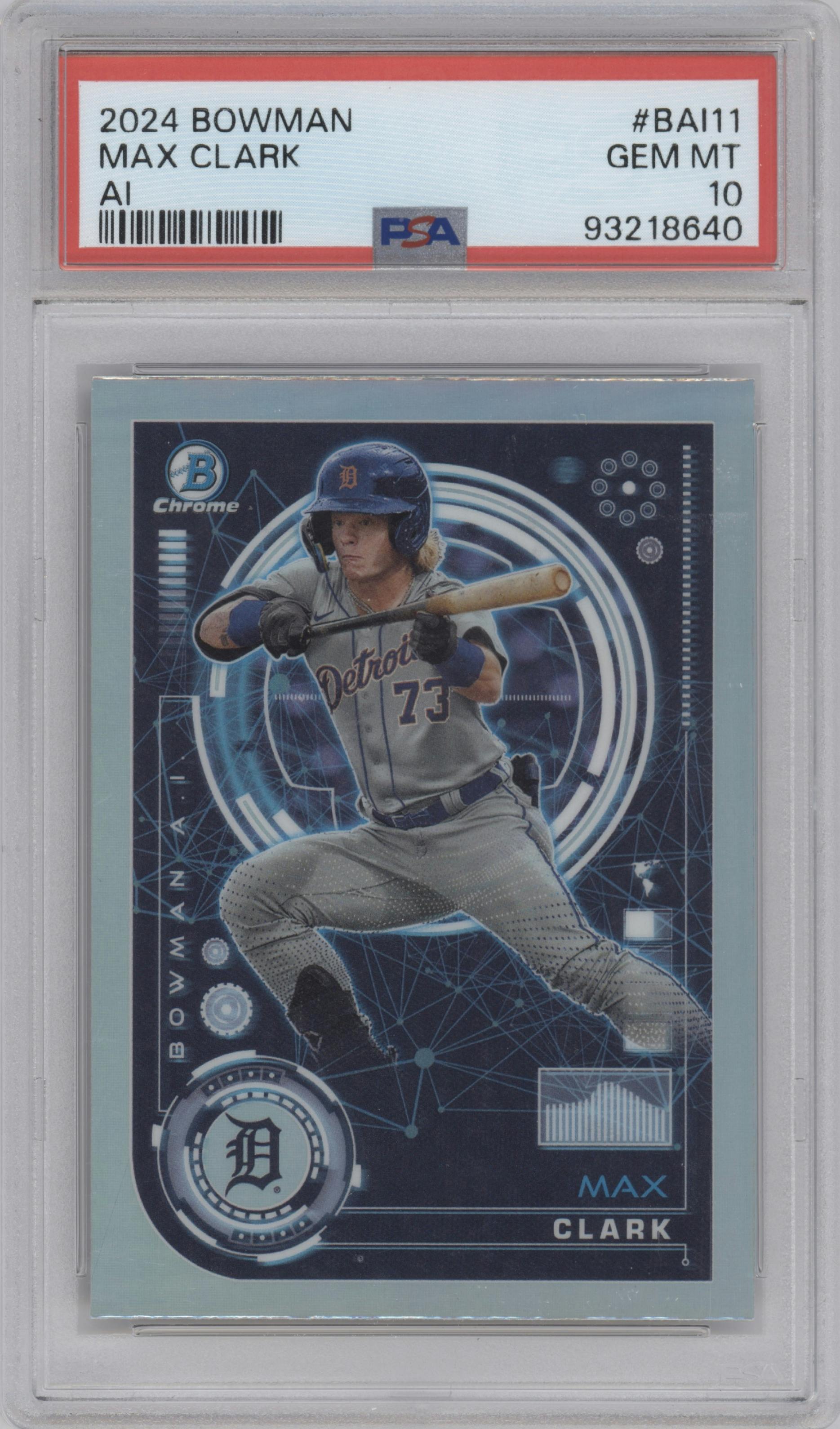 Max Clark from the 2024 Bowman set graded by PSA and given an overall grade of 10.