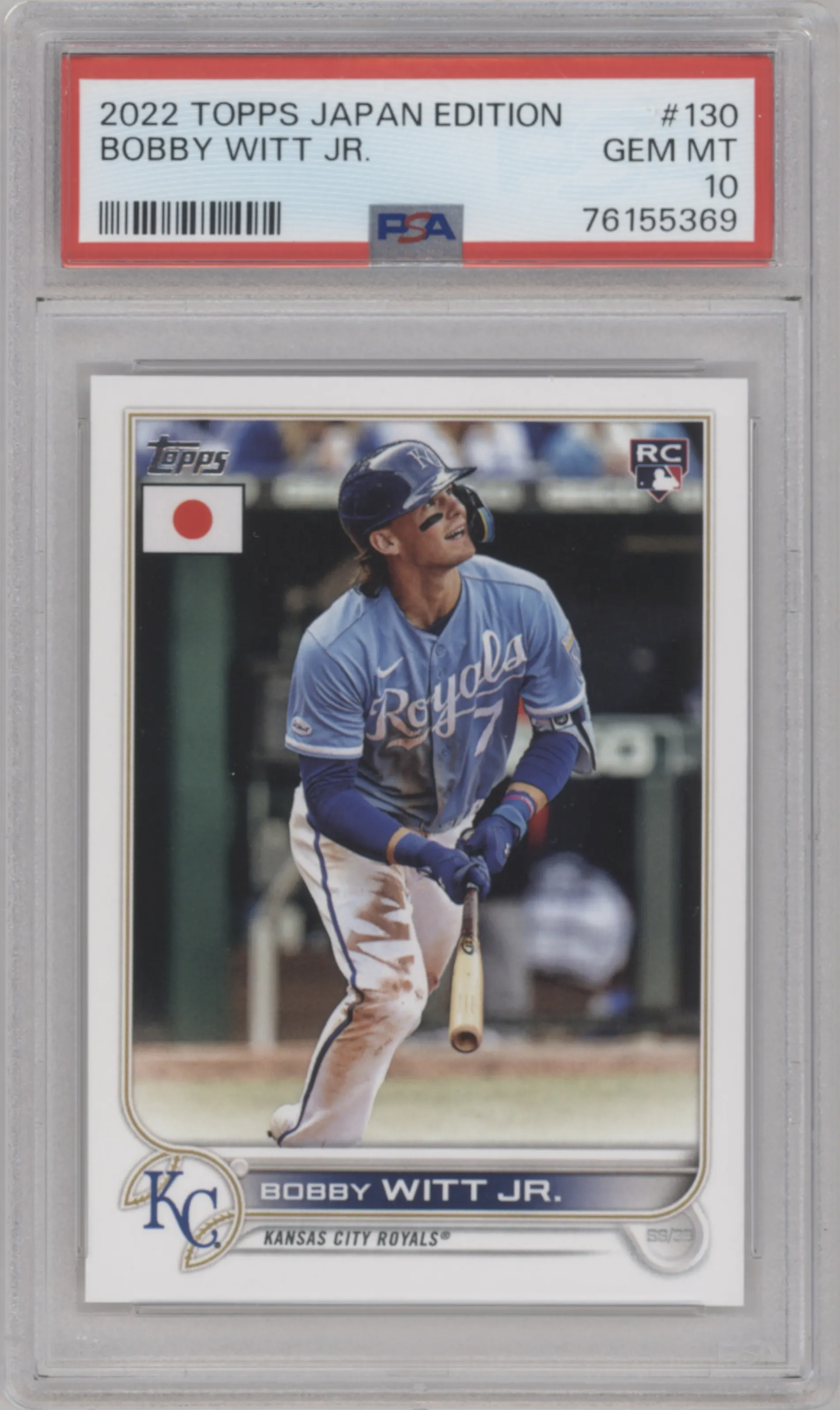 Bobby Witt Jr. from the 2022 Topps Baseball Japan Edition set graded by PSA and given an overall grade of 10.