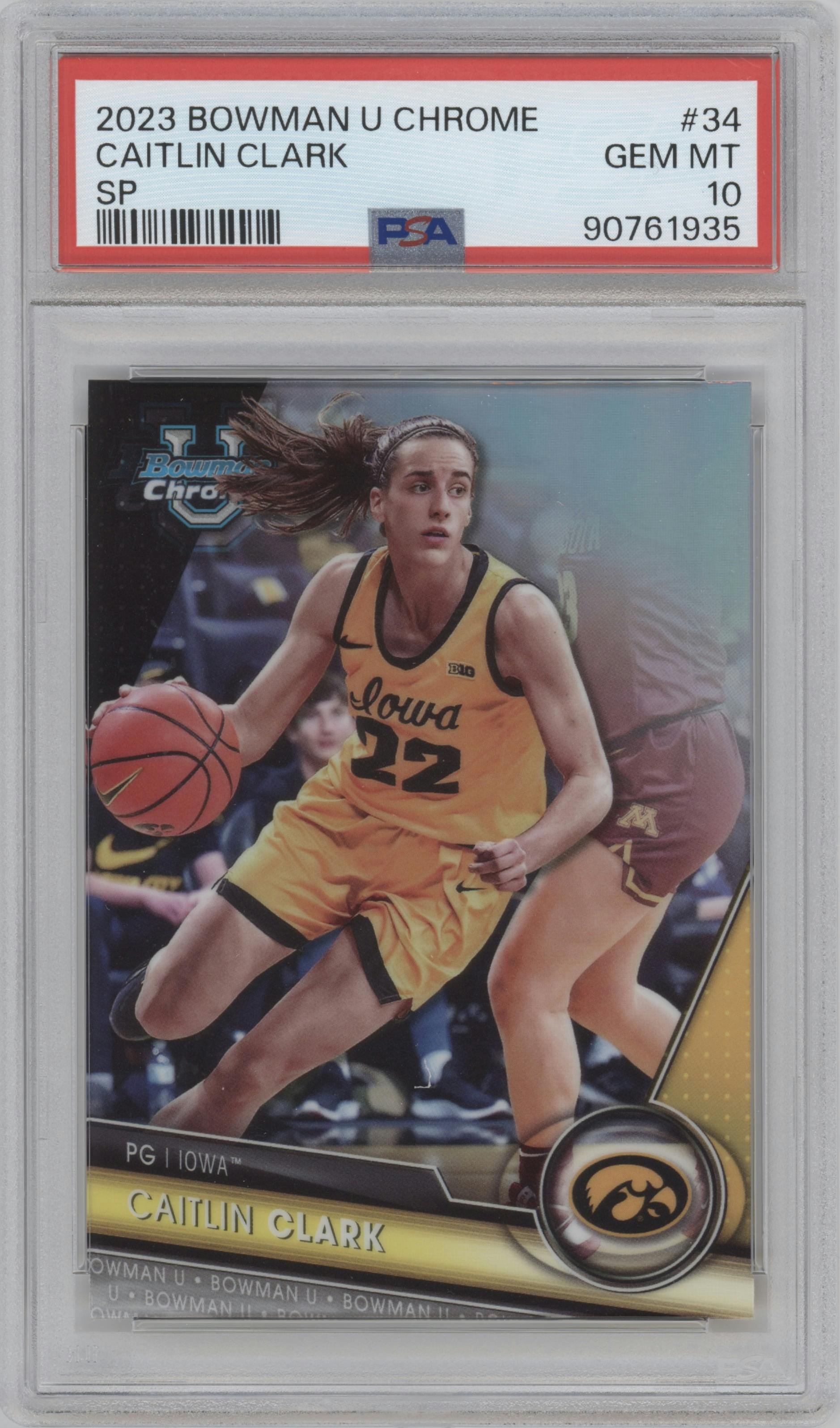 Caitlin Clark from the 2023-24 Bowman U Chrome set graded by PSA and given an overall grade of 10.