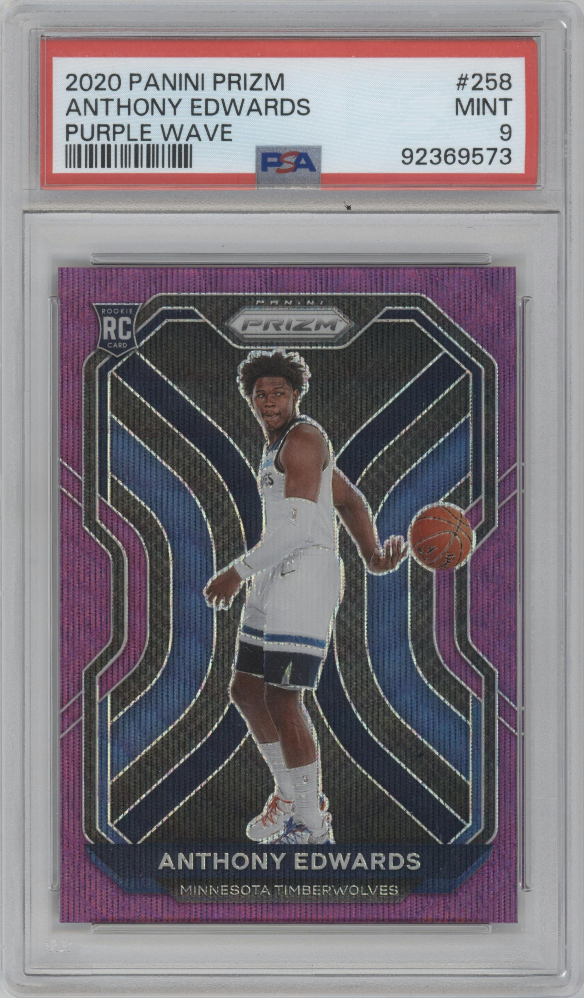Anthony Edwards from the 2020-21 Panini Prizm set featuring a Purple Wave parallel graded by PSA and given an overall grade of 9.